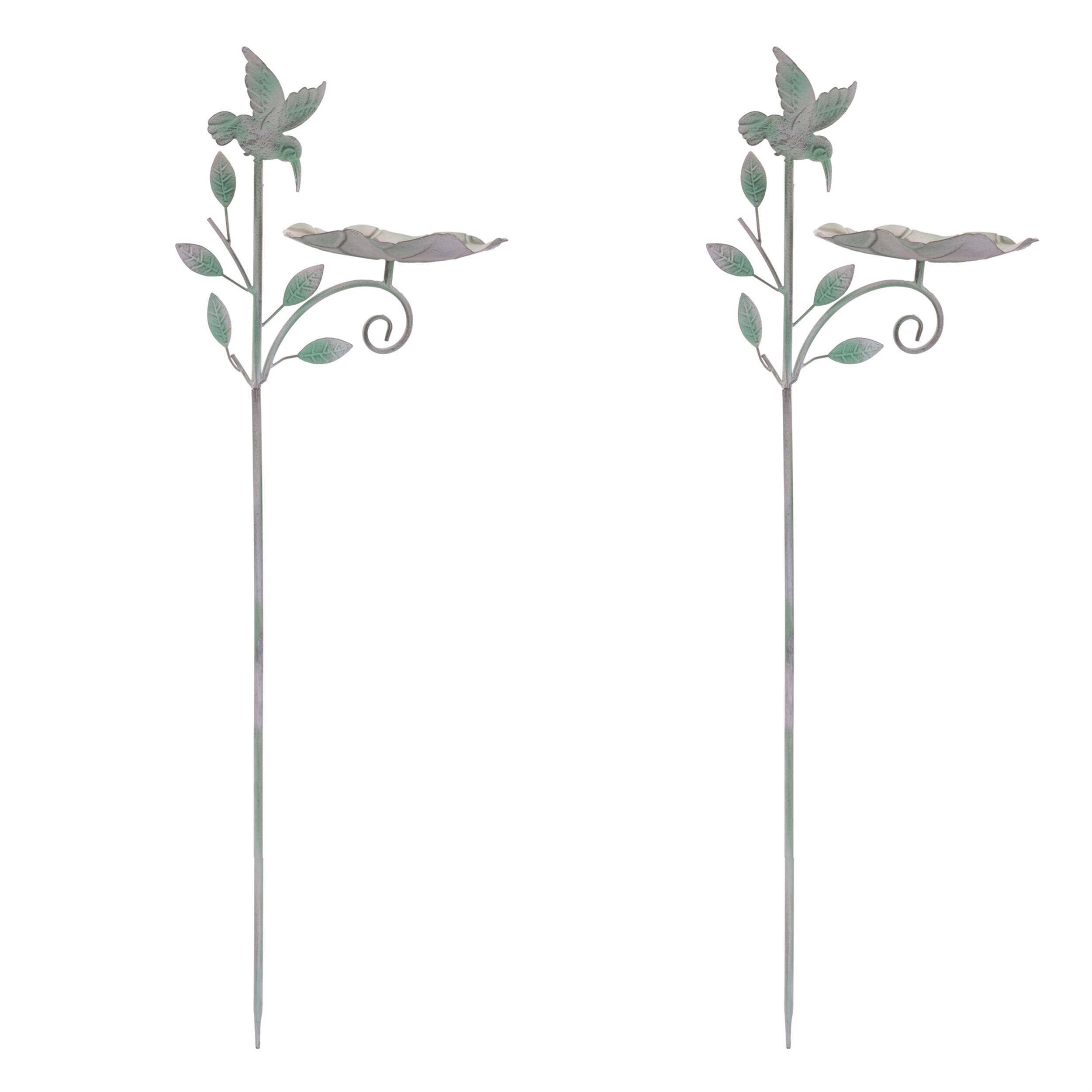 Back. BreeBe - Iron Hummingbird Leaf Bird Feeder Garden Stake (Set of 2) - Green.