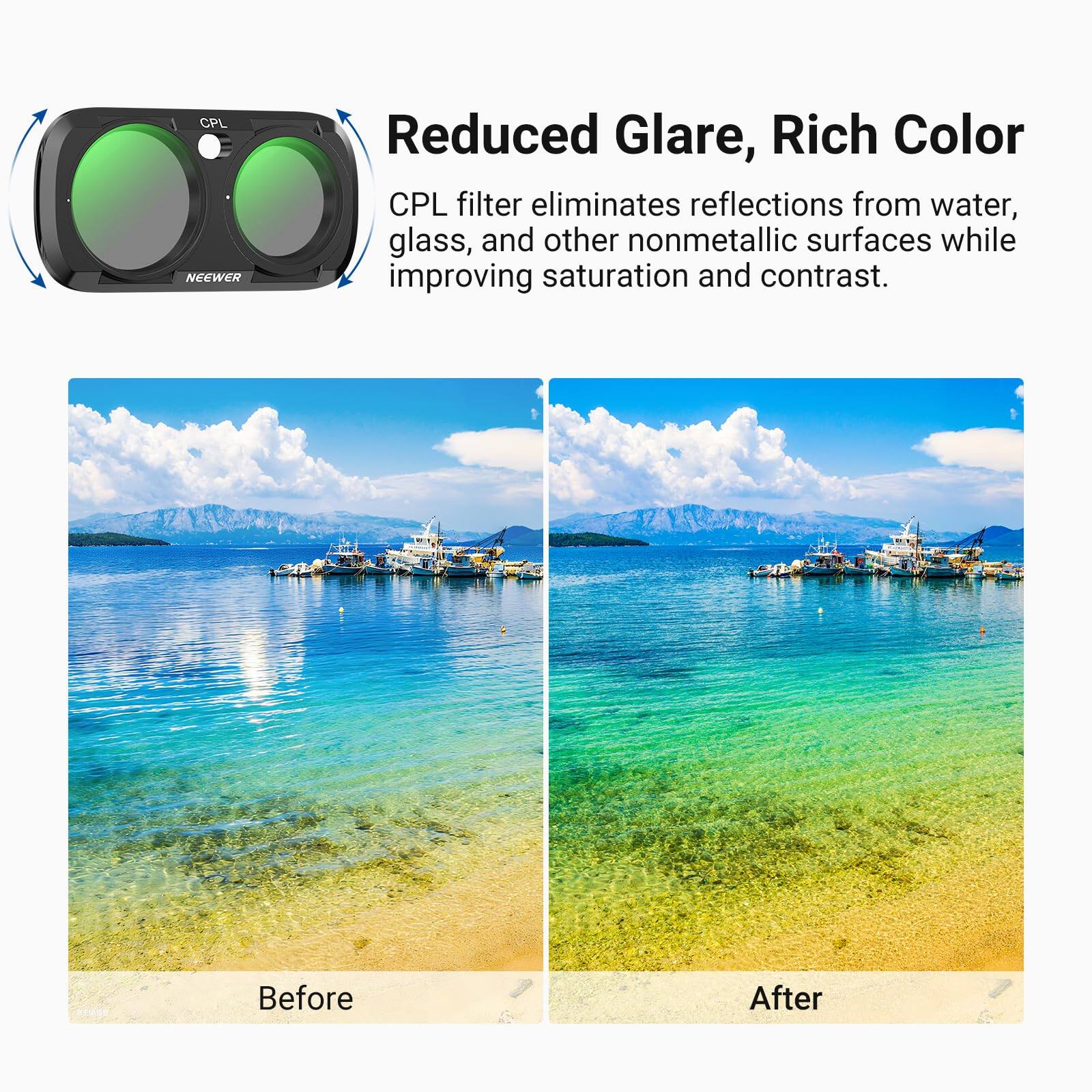 CPL NEEWER Reduced Glare, Rich Color CPL filter eliminates reflections from water, glass, and other nonmetallic surfaces while improving saturation and contrast. Before After