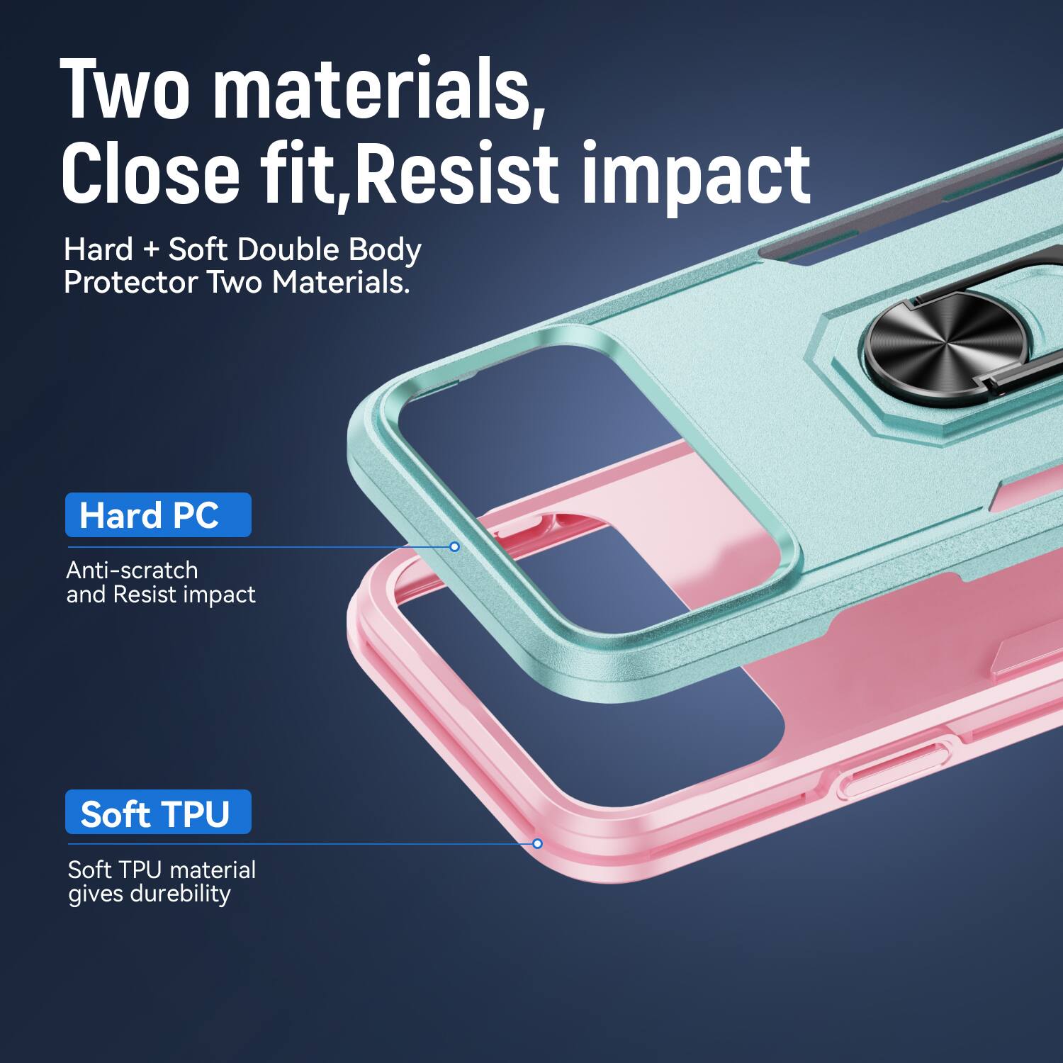 Two materials, Close fit, Resist impact  
Hard + Soft Double Body Protector Two Materials.  
Hard PC  
Anti-scratch and Resist impact  
Soft TPU  
Soft TPU material gives durability