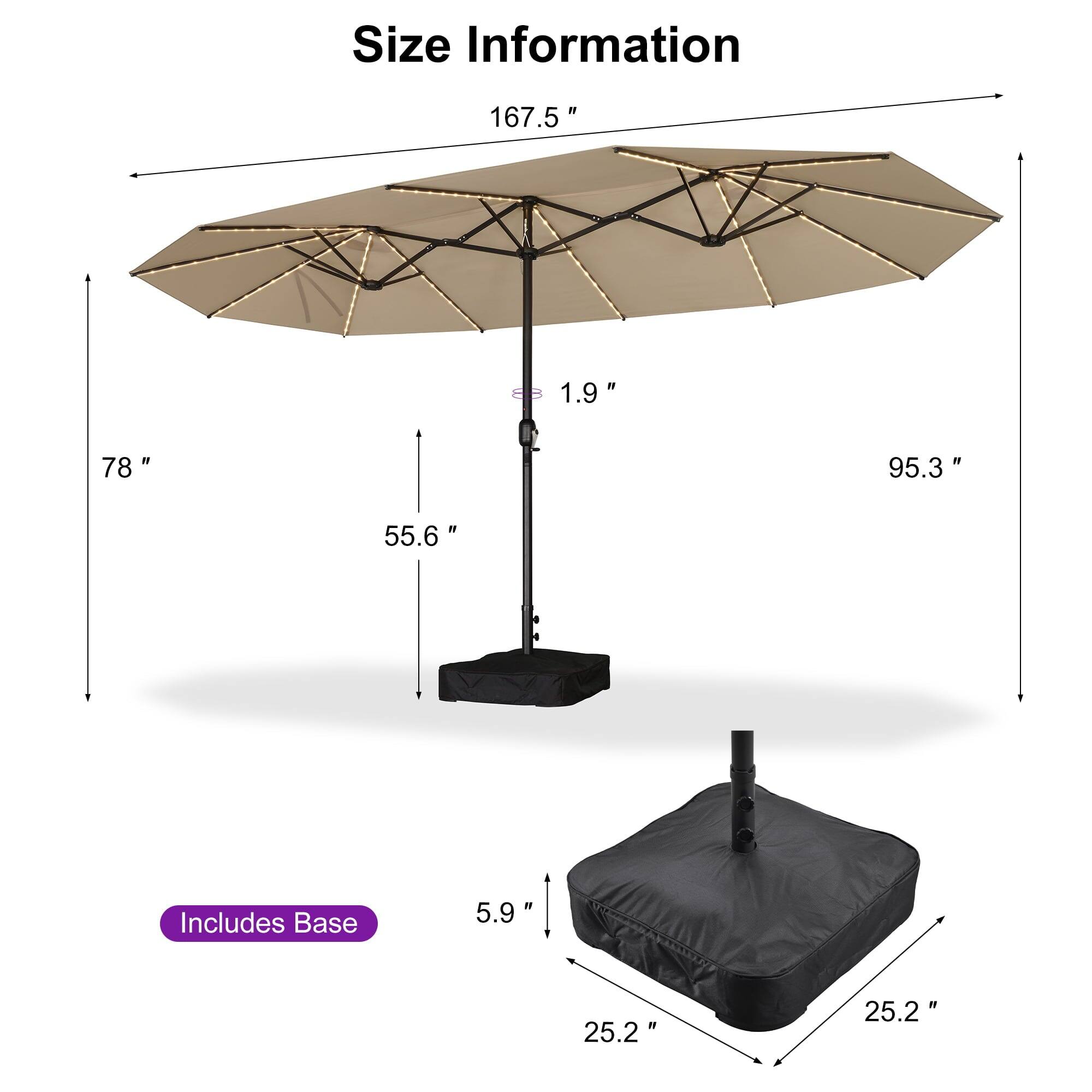 Size Information

- 167.5"
- 78"
- 55.6"
- 1.9"
- 95.3"
- Includes Base
- 5.9"
- 25.2"
- 25.2"