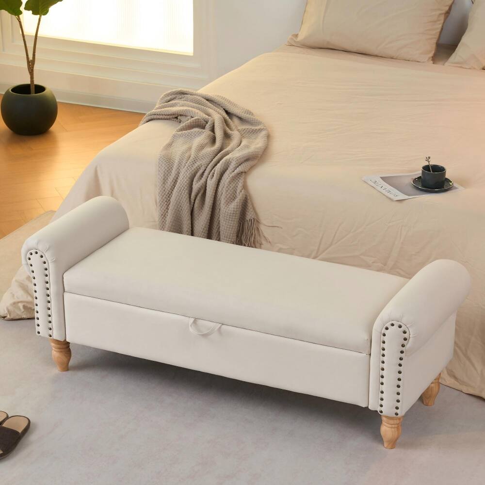 Alt View 1. Ropilly - Ropilly Beige Storage Ottoman Bench, Fabric End of Bed Bench with Rolled Arms and Wood Legs for Entryway and Living Room - Beige.