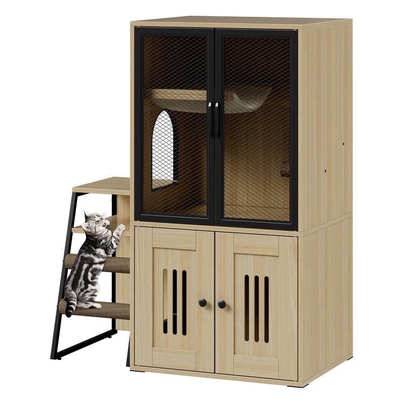 Alt View 4. GARVEE - Cat Litter Box Enclosure with Ladder and Doors for 2 Cats,Double Cat House with Storage Space - Oka.