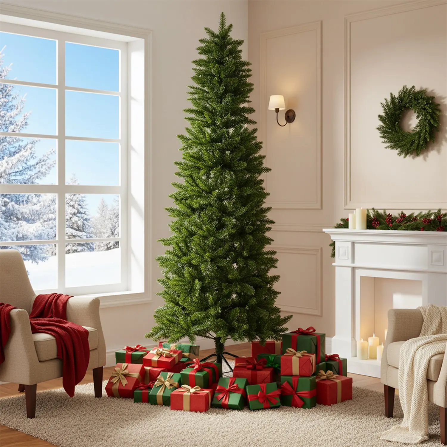Angle. Sweet - 9FT Artificial Hinged Slim Pencil Christmas Tree with Warm White Lights, Full Branch Tips - Green.