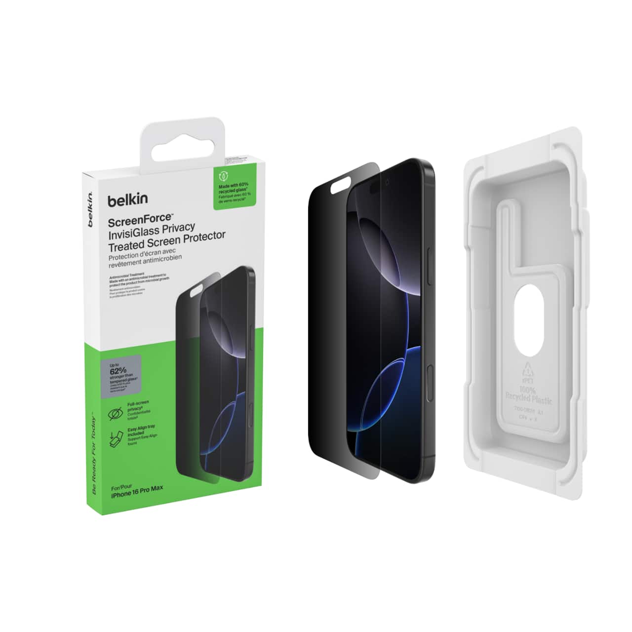 - belkin ScreenForce InvisiGlass Privacy Screen Protector Treated avec Protection d'écran revêtement antimicrobien
- T00m For reaLTV 250 - 62%
- AgeT
- Pour iPhone 16 Pro Max
- 100% Recycled Plastic TERA