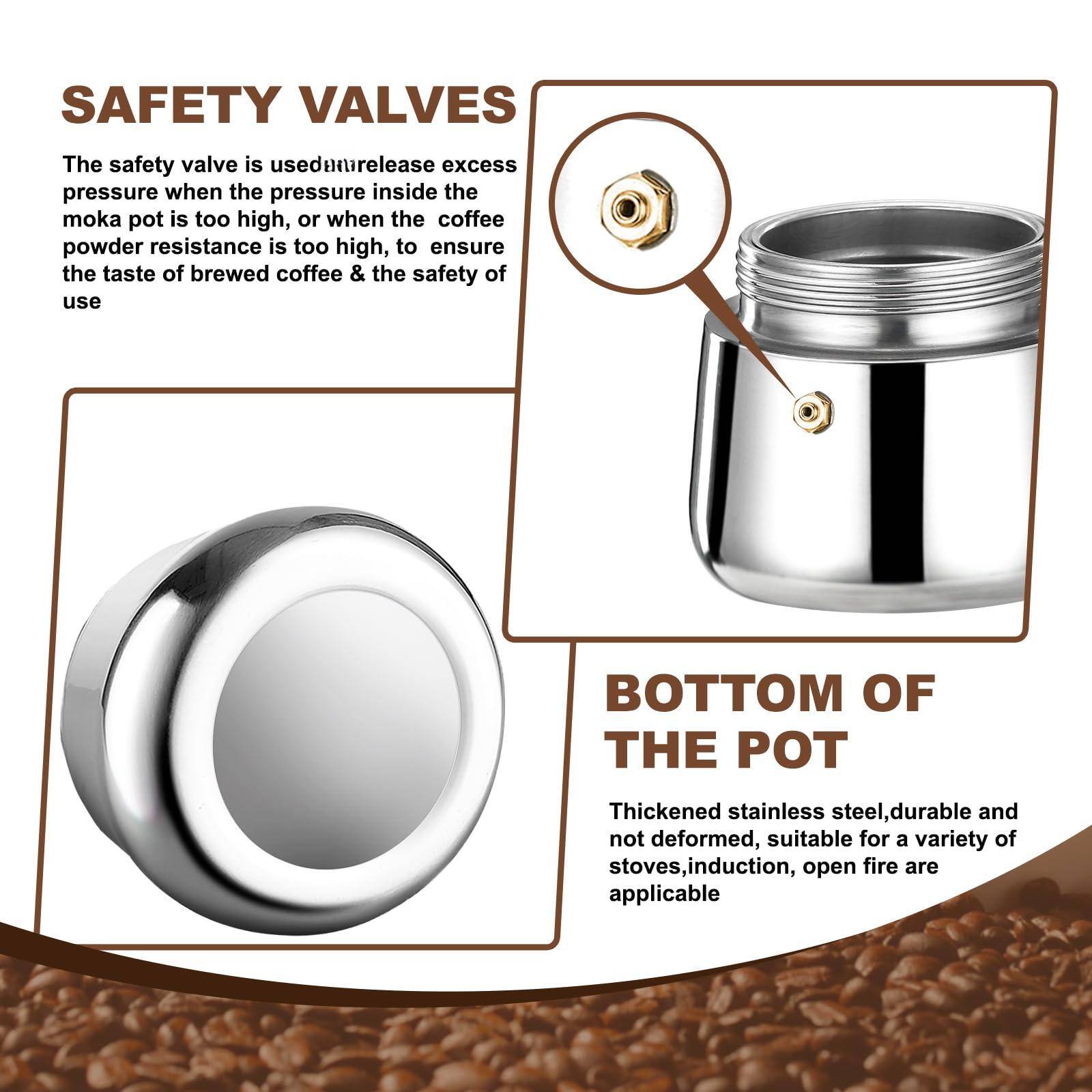 **SAFETY VALVES**  
The safety valve is used to release excess pressure when the pressure inside the moka pot is too high, or when the coffee powder resistance is too high, to ensure the taste of brewed coffee & the safety of use.

**BOTTOM OF THE POT**  
Thickened stainless steel, durable and not deformed, suitable for a variety of stoves, induction, open fire are applicable.
