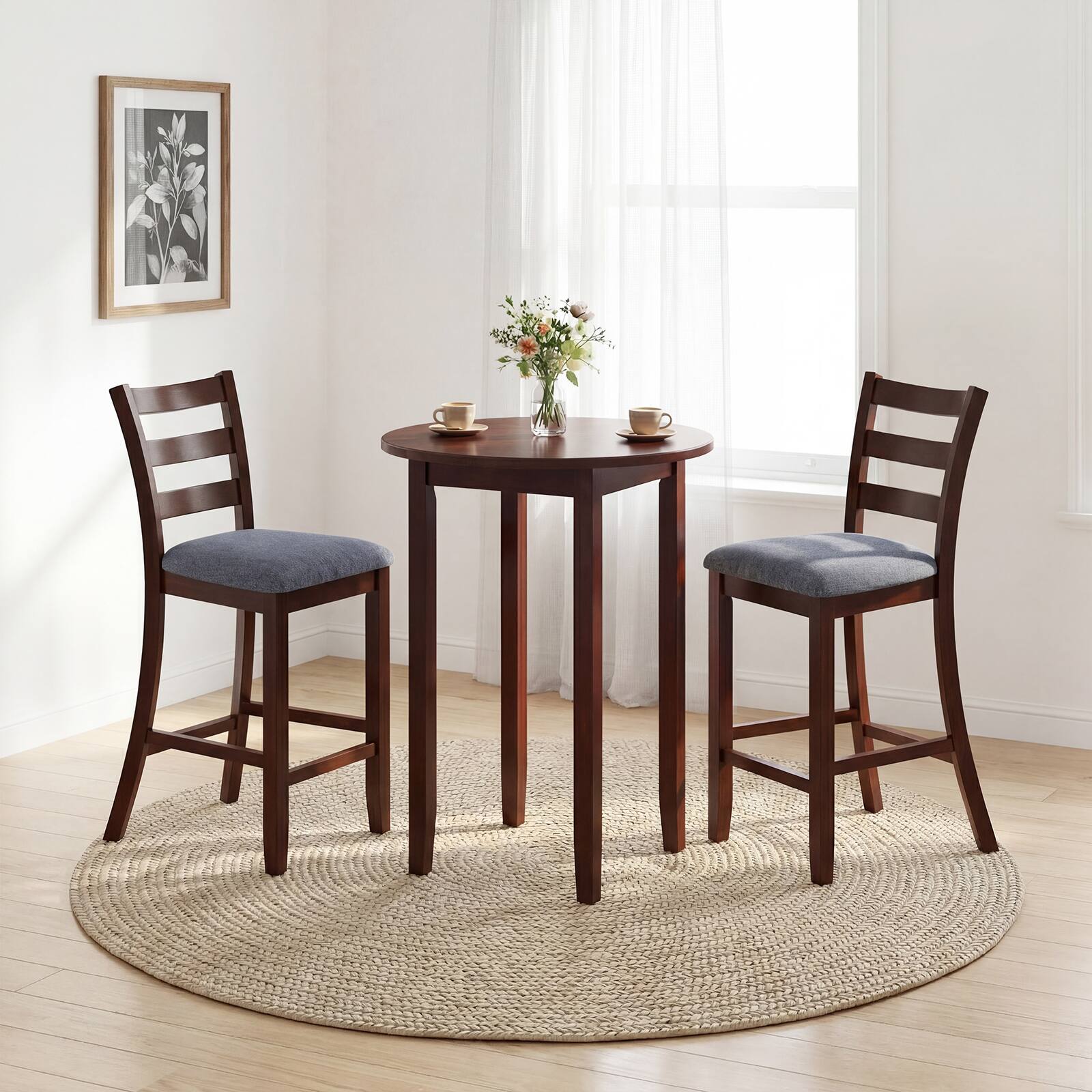 Alt View 3. Costway - Costway Set of 2 Barstools Counter Height Chairs w/Fabric Seat & Rubber Wood Legs - Grey,Brown.