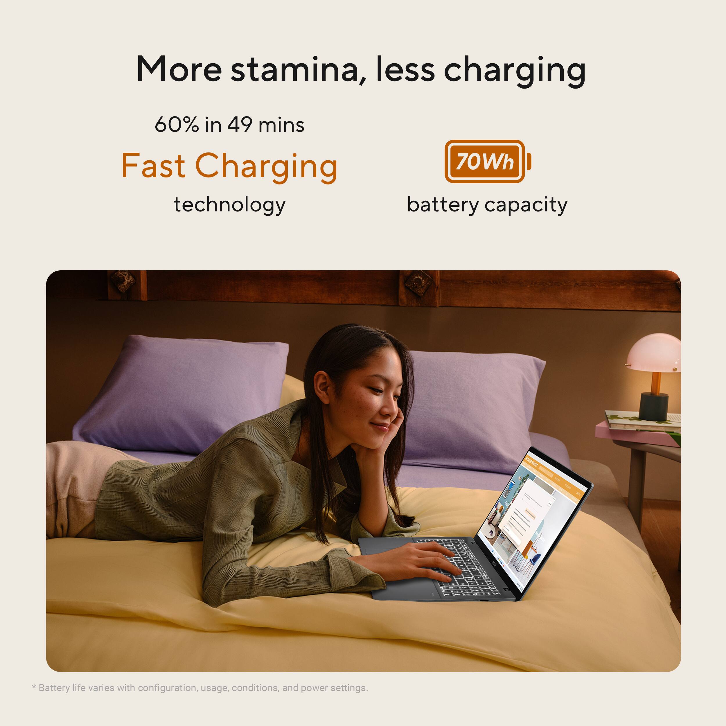 More stamina, less charging  
60% in 49 mins  
Fast Charging technology  
70Wh battery capacity  

*Battery life varies with configuration, usage, conditions, and power settings.