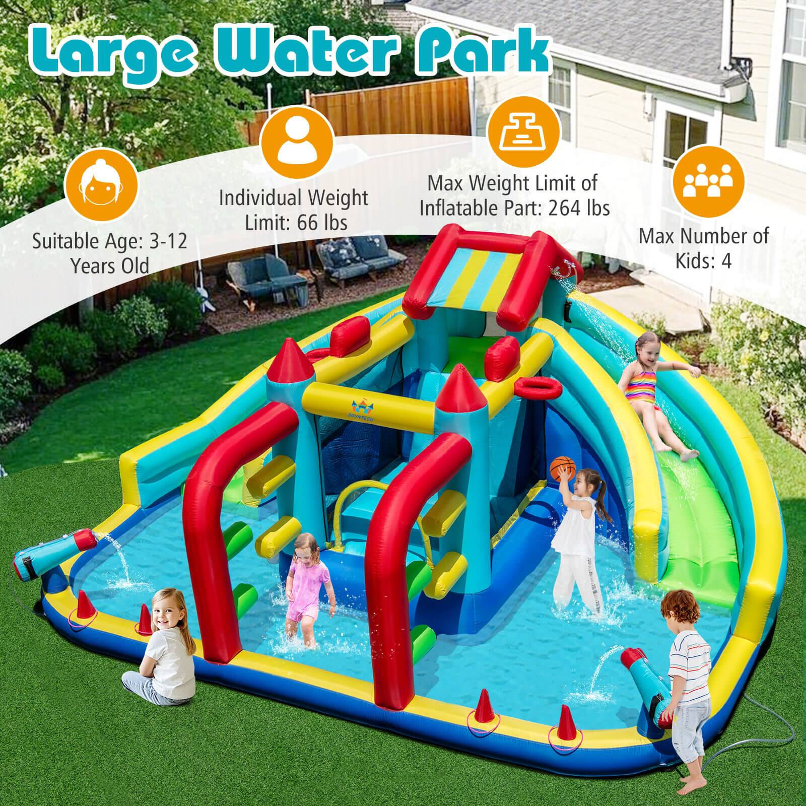 Large Water Park

- Suitable Age: 3-12 Years Old
- Individual Weight Limit: 66 lbs
- Max Weight Limit of Inflatable Part: 264 lbs
- Max Number of Kids: 4