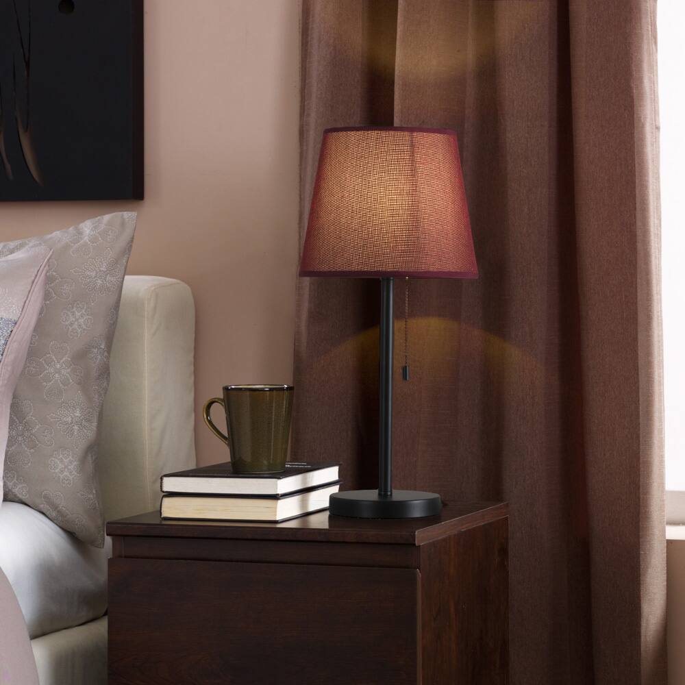 Alt View 1. Oumilen - Pull Chain Black Metal Table Lamp with Fabric Shade, Red.