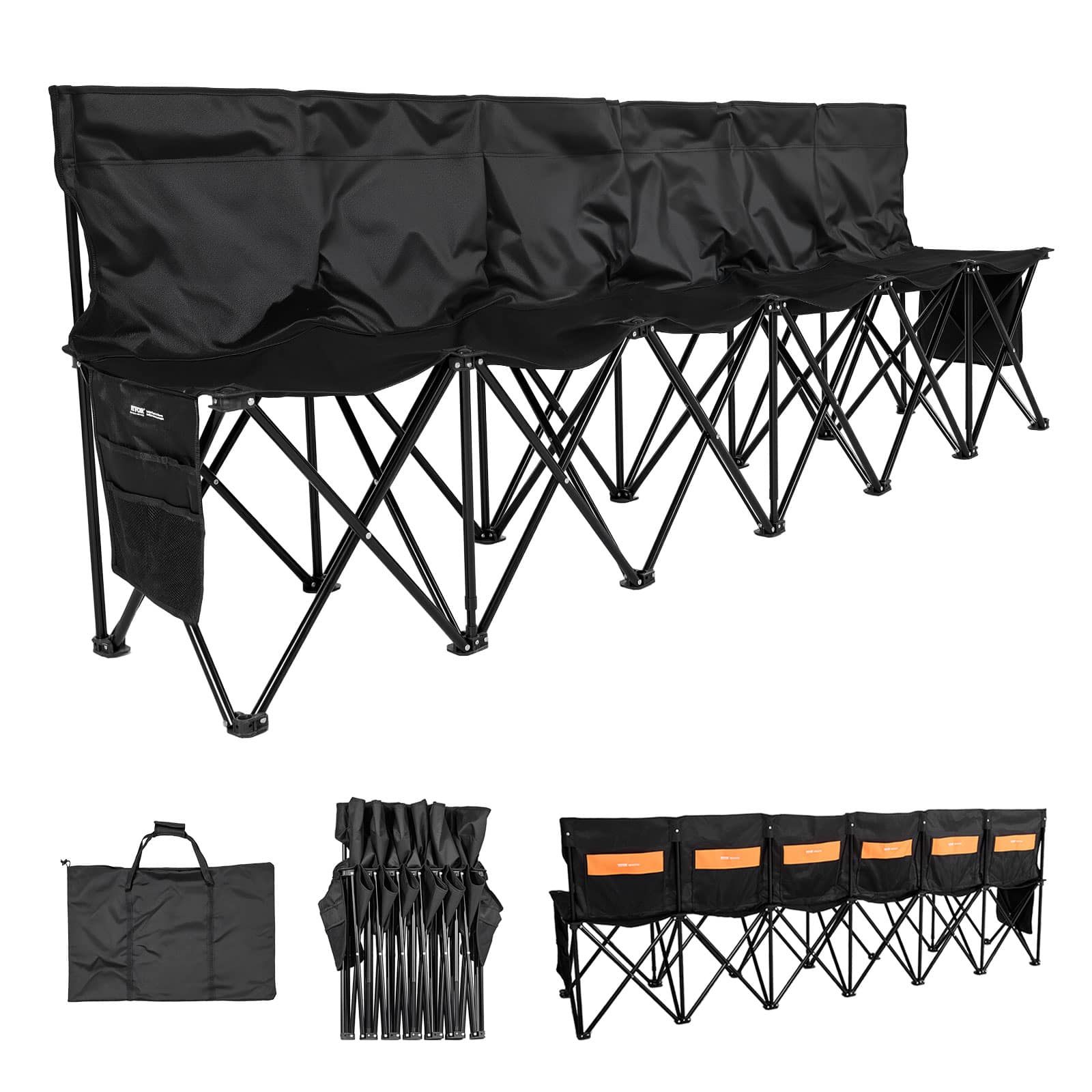 VEVOR - Portable Folding Bench, 6 Seat Soccer Bench with Multiple Storage Pockets & Carrying Bag, Lightweight Sideline Seating - Black