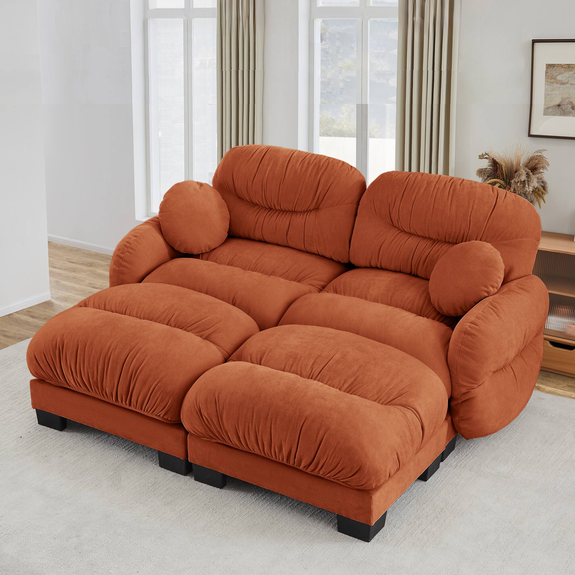 Angle. Anysun - L Shape 2-Seater Modular Sofa with 2 Ottomans, High-Density Foam & Curved Armrests, Pleated Design for Living Room - Orange.