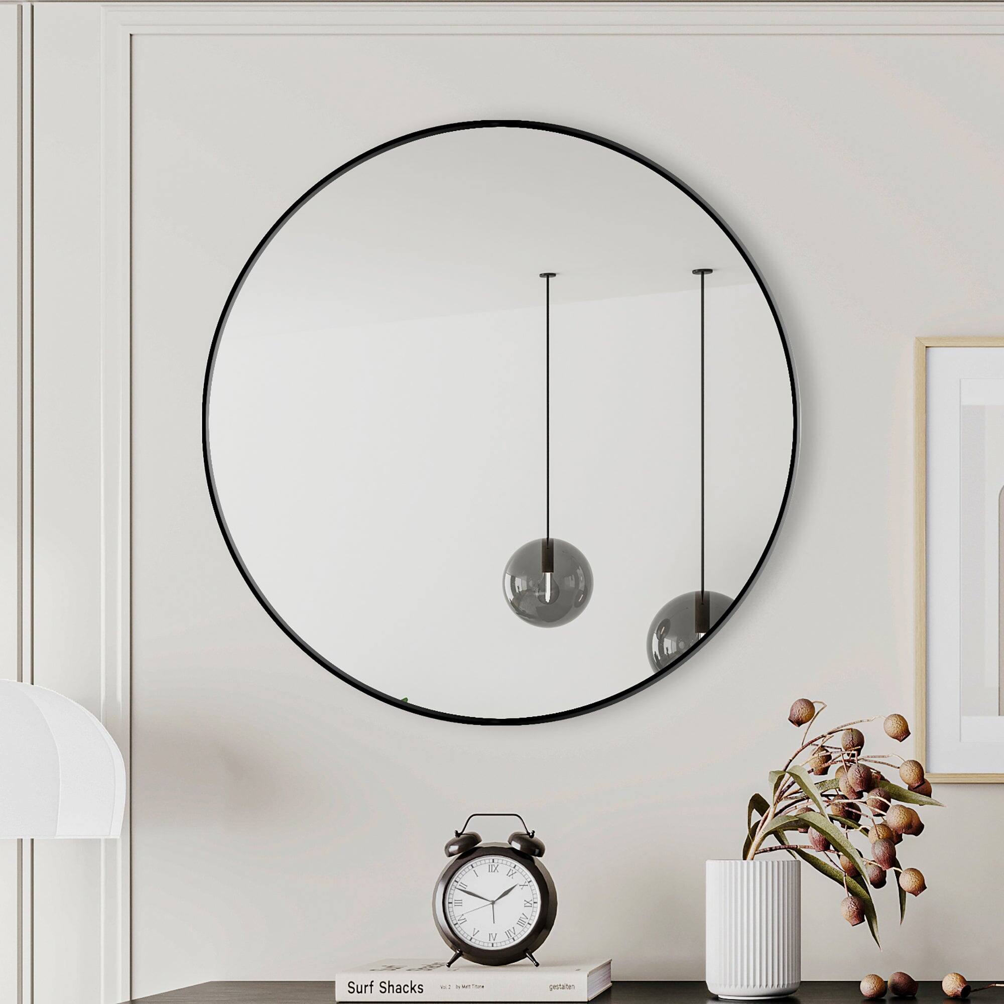 BreeBe - 28 Round Wall Mirror Metal Framed Vanity Dressing Mirror for Bathroom Living Room Bedroom Decor - Black