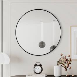 BreeBe - 28 Round Wall Mirror Metal Framed Vanity Dressing Mirror for Bathroom Living Room Bedroom Decor - Black