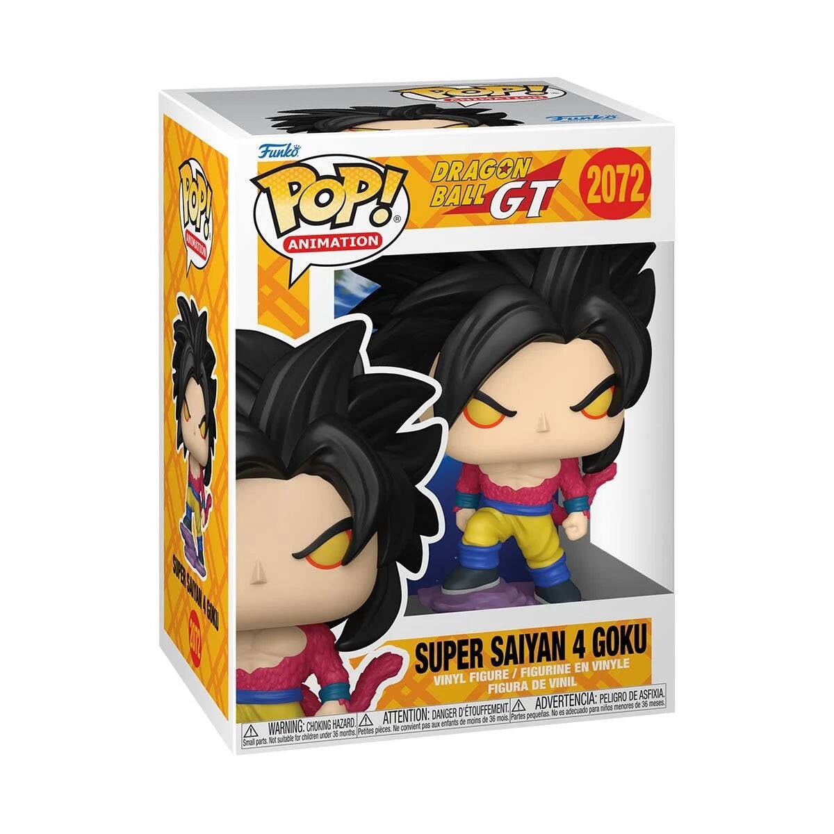Sure, here is the corrected and grouped text from the image:

---

**Funko POP! ANIMATION**

**DRAGON BALL GT**

**2072**

**SUPER SAIYAN 4 GOKU**

**VINYL FIGURE / FIGURINE EN VINYLE / FIGURA DE VINIL**

**WARNING: CHOKING HAZARD - Small parts. Not for children under 3 years.**

**ADVERTENCIA: PELIGRO DE ASFIXIA - Piezas pequeñas. No es adecuado para niños menores de 3 años.**

**ATTENTION: DANGER - Petite pièce. Ne convient pas aux enfants de moins de 3 ans.**

---

This text is organized to reflect the information on the packaging.