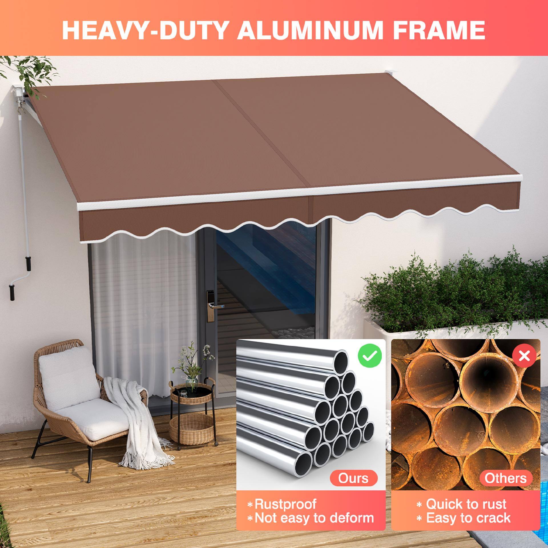 HEAVY-DUTY ALUMINUM FRAME

Ours
- Rustproof
- Not easy to deform

Others
- Quick to rust
- Easy to crack