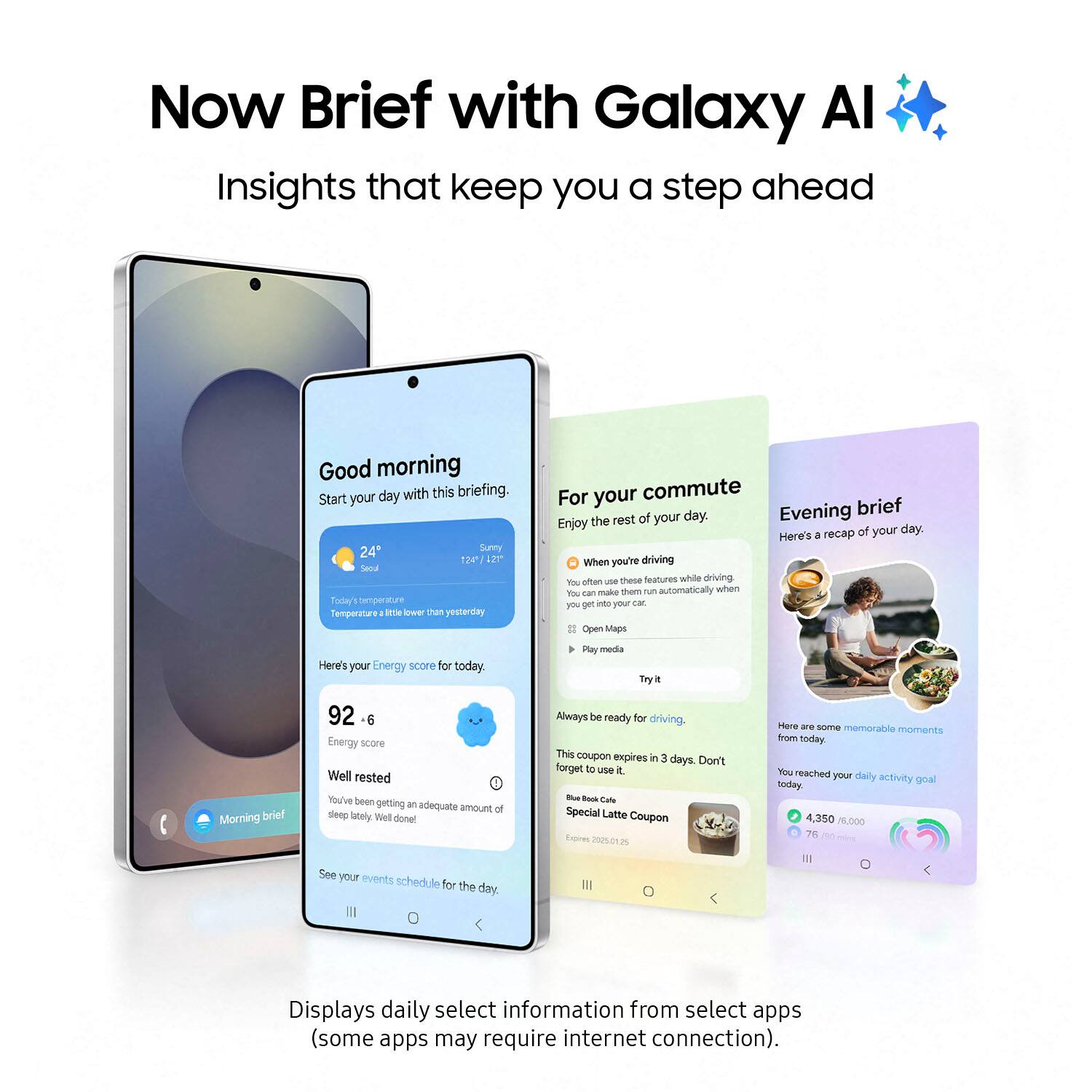 Now Brief with Galaxy Al: Insights that keep you a step ahead.

Good morning! Start your day with this briefing.

Today's temperature: 24° Sunny

For your commute:

Evening brief: The rest of your day.

Enjoy your day. Here's a recap of your day:

- When you're driving, often use these features while driving.
- They will automatically turn on when you get to your destination.
- Open Maps

Here's your Energy score for today: 92/100

Well rested: You've been getting an adequate amount of sleep lately.

Always be ready for driving. This coupon expires in 3 days.

Don't forget to use your Cafe Special Latte Coupon.

More memorable moments from today:

- Reached your daily activity goal today: 4,350 steps
- See your events schedule for the day

Displays daily select information from select apps (some apps may require internet connection).