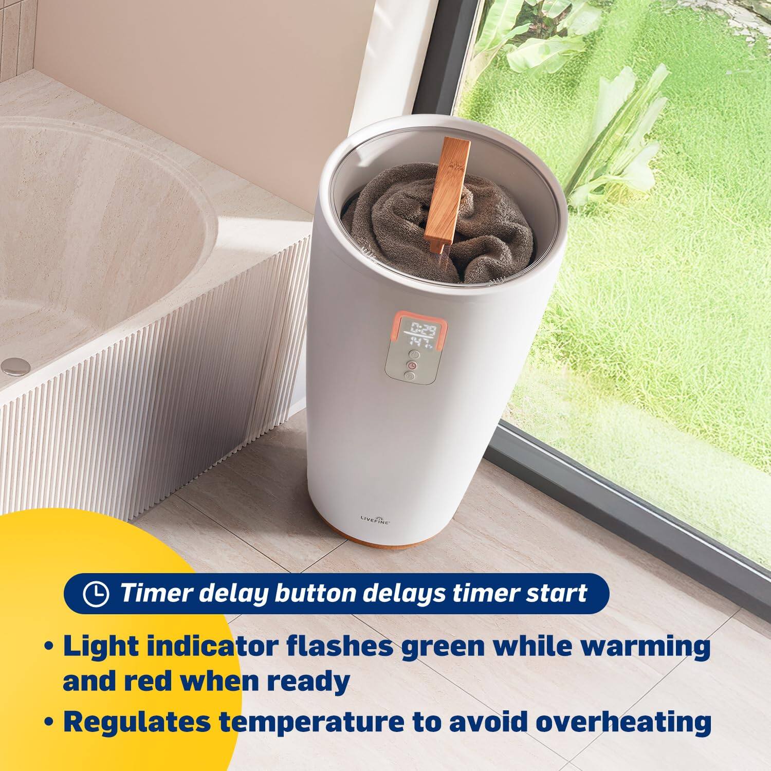 - Timer delay button delays timer start
- Light indicator flashes green while warming and red when ready
- Regulates temperature to avoid overheating