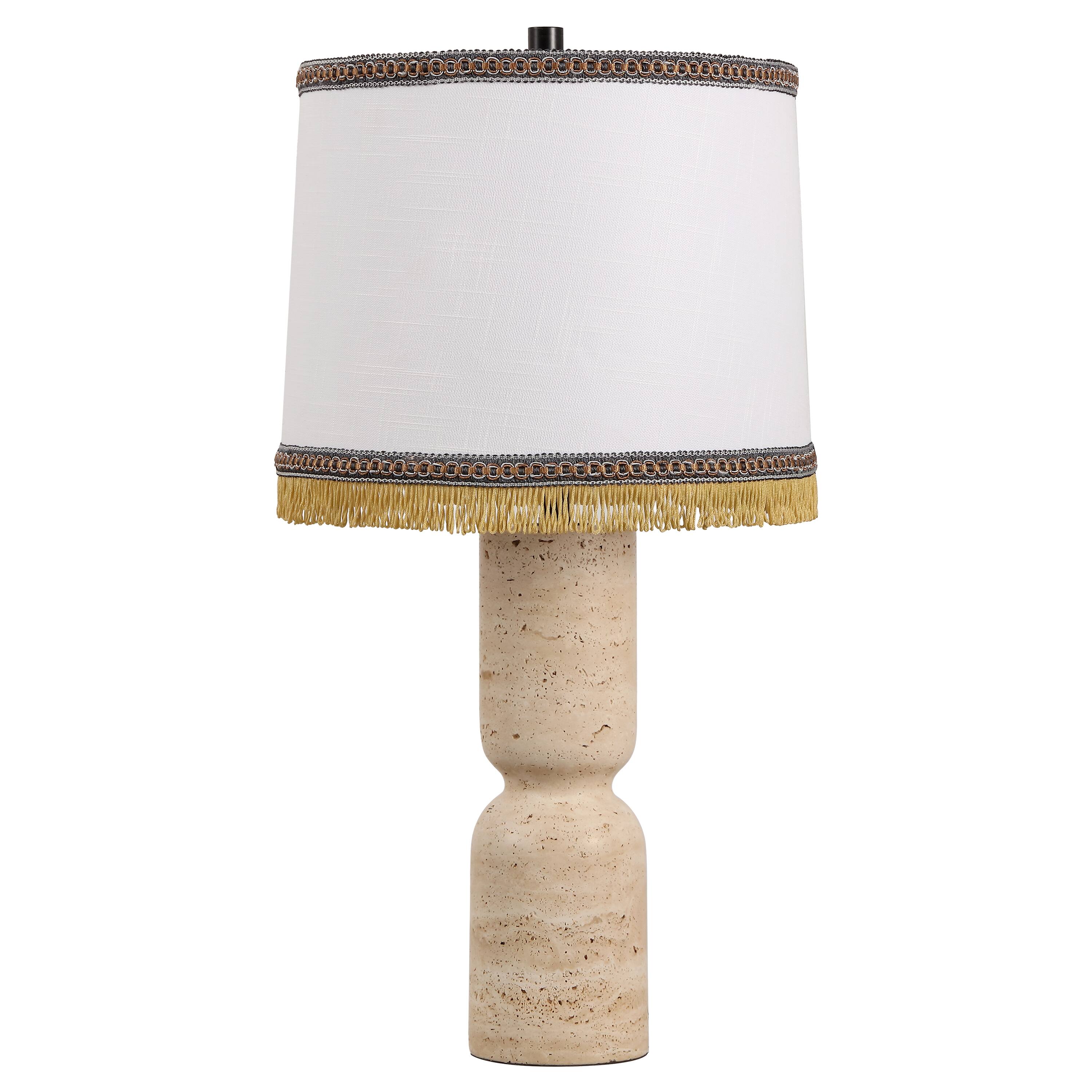 Alt View 7. Jonathan Y - Lacy 25.3 in. Organic Modern Sculptural Hourglass Travertine Stone with Fringed Drum Shade LED Table Lamp, Natural Beige - Natural Beige Marble.