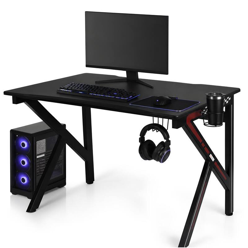 Alt View 4. WELLFOR - K-Shaped Gaming Desk with Cup Holder & Headphone , Black Computer Desk for Adults - Black.
