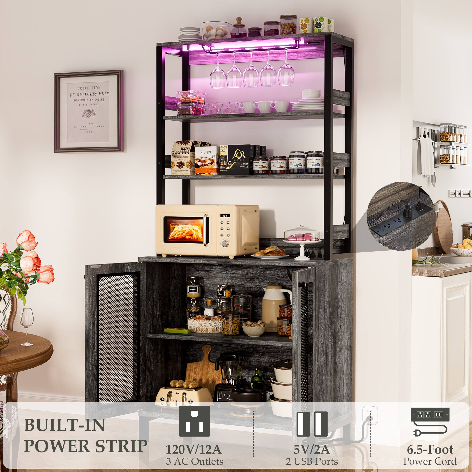 三 Aheaplus 67'' Tall Wine Cabinet with LED Light and Power Strip
