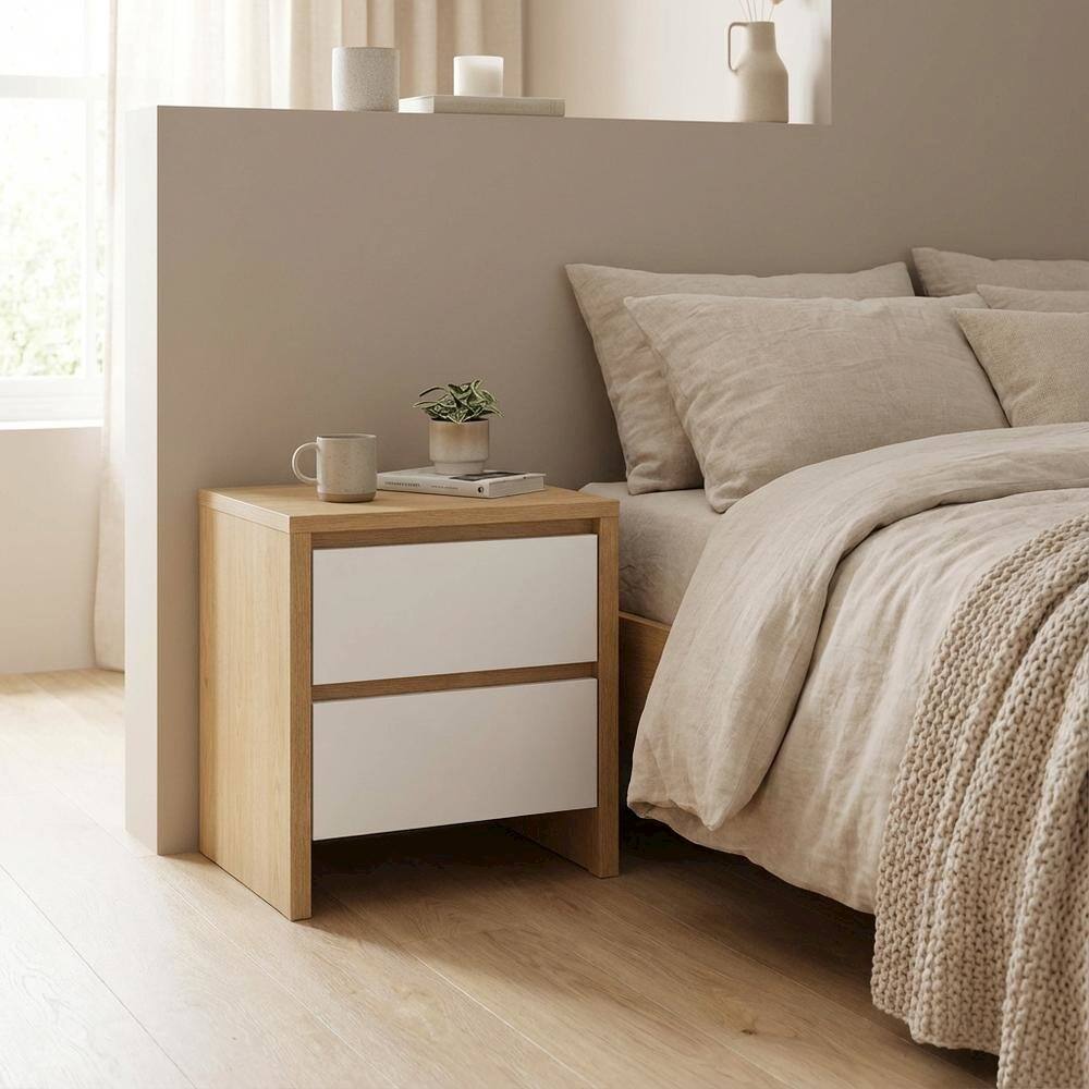 Left. FurniFact - Timeless 17-Inch Tall Nightstand with 2 Drawers in Classic Finish - Brown.