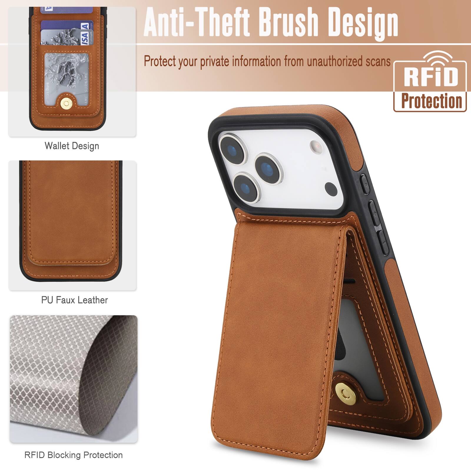 Anti-Theft Brush Design  
Protect your private information from unauthorized scans  

RFiD Protection  

Wallet Design  
PU Faux Leather  
RFID Blocking Protection