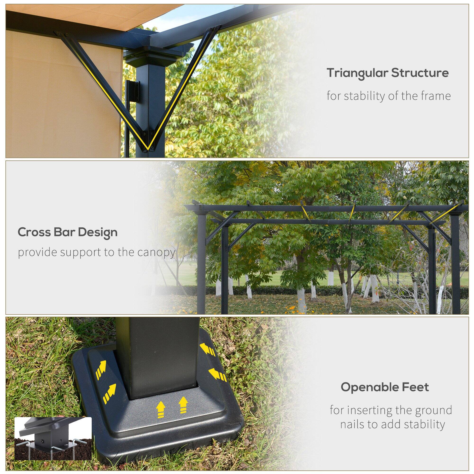 Triangular Structure for stability of the frame

Cross Bar Design provide support to the canopy

Openable Feet for inserting the ground nails to add stability
