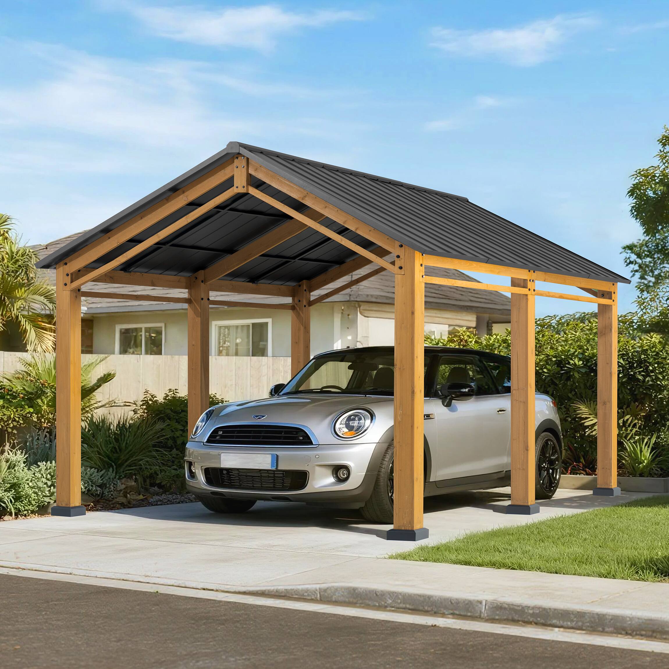Angle. SUNJOY - SUNJOY Wood Gazebo 13 ft. x 11 ft. Hardtop Carport Heavy Duty Garage Car Shelter with Steel Roof and Wooden Frame - Top: Sand Black Frame: Burly Wood.