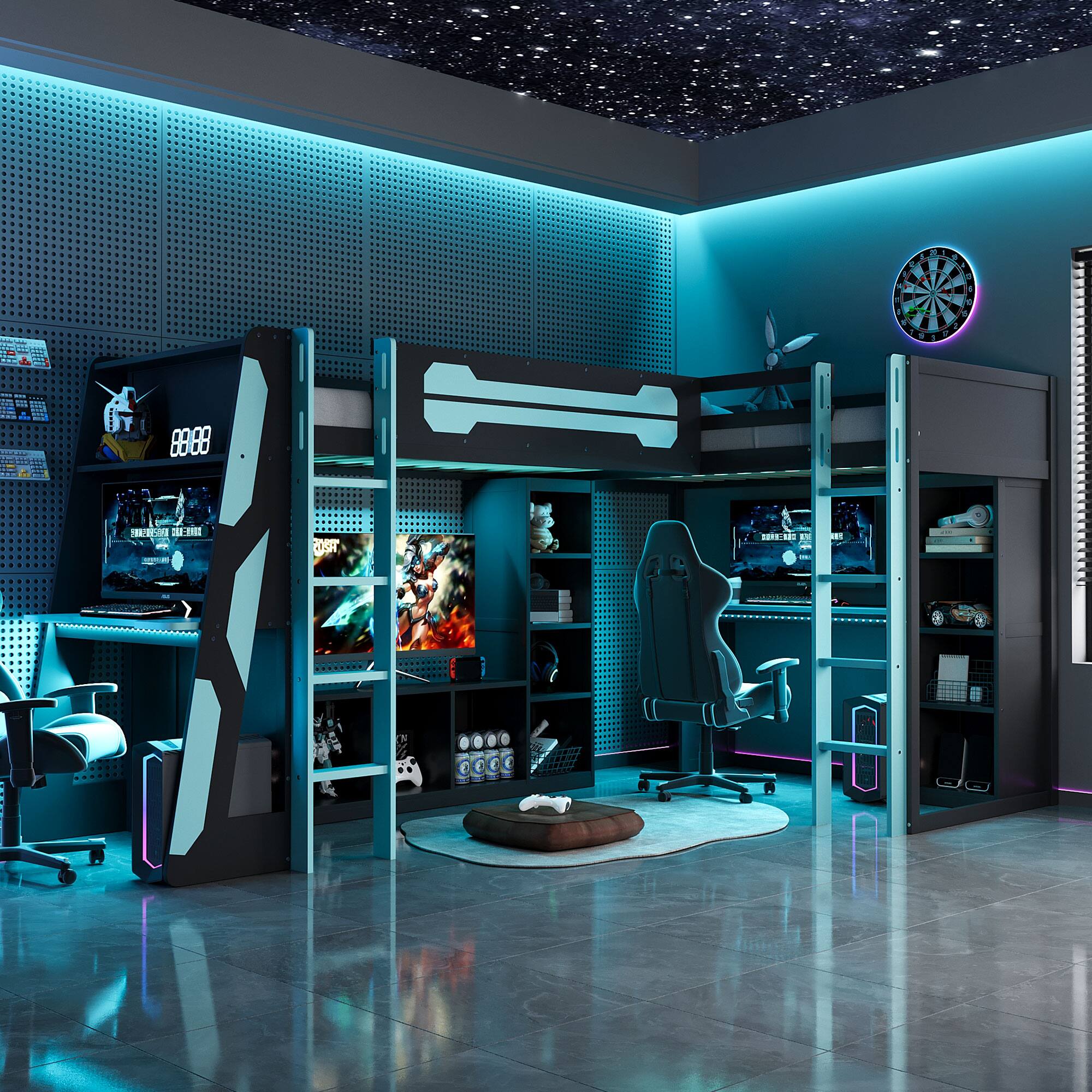 Anysun - L-Shaped Twin Gaming Bed Frame - RGB LED Lights, USB Ports, TV Stand & Storage Shelves, Reversible Space-Saving Design - Blue