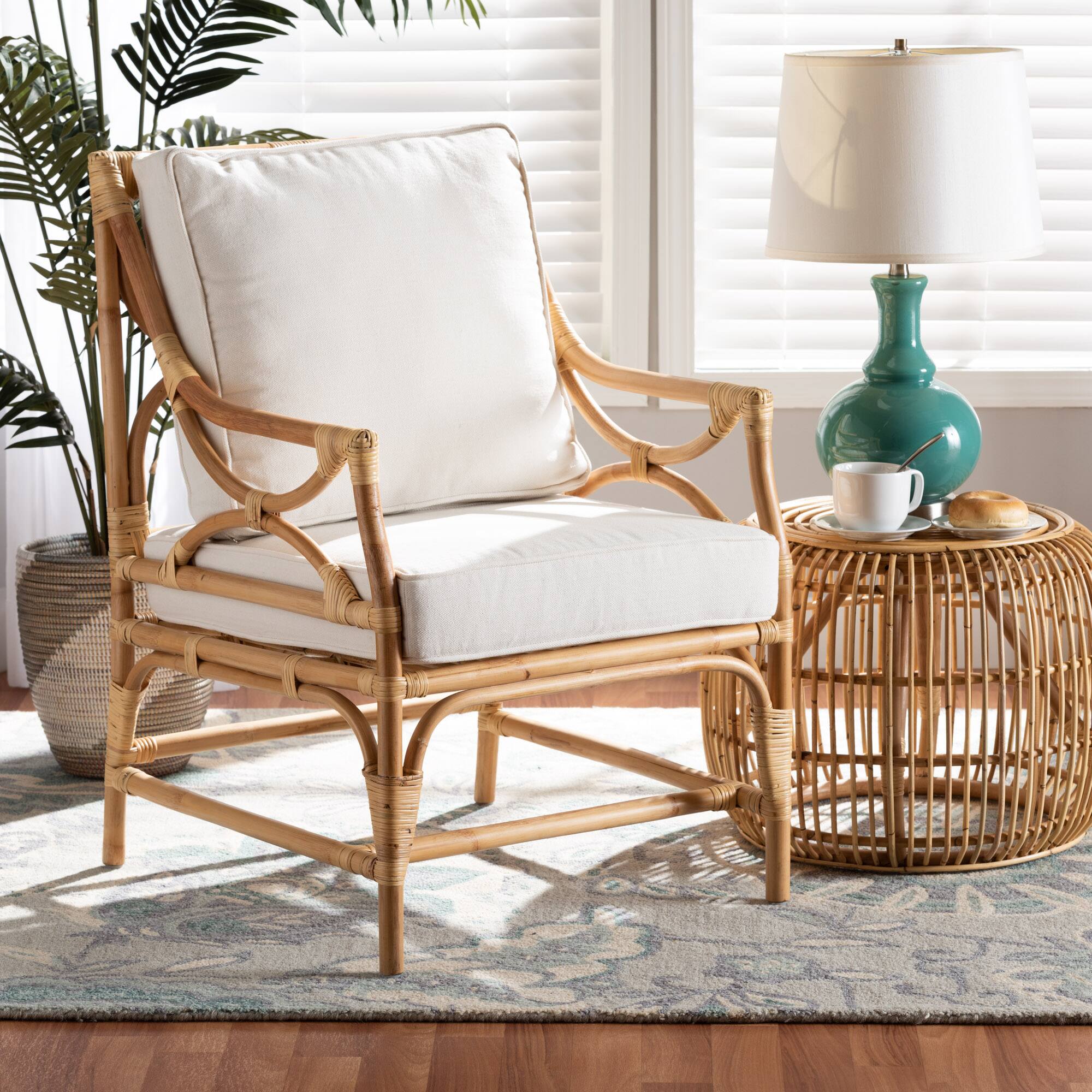 Alt View 4. bali & pari - Brandon Modern Bohemian Fabric Upholstered and Rattan Armchair - White/Natural Brown.