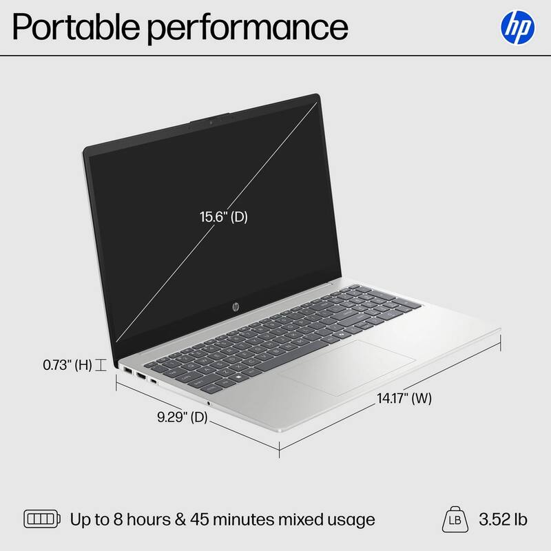Portable performance

15.6" (D)  
0.73" (H)  
9.29" (D)  
14.17" (W)  

Up to 8 hours & 45 minutes mixed usage  
3.52 lb