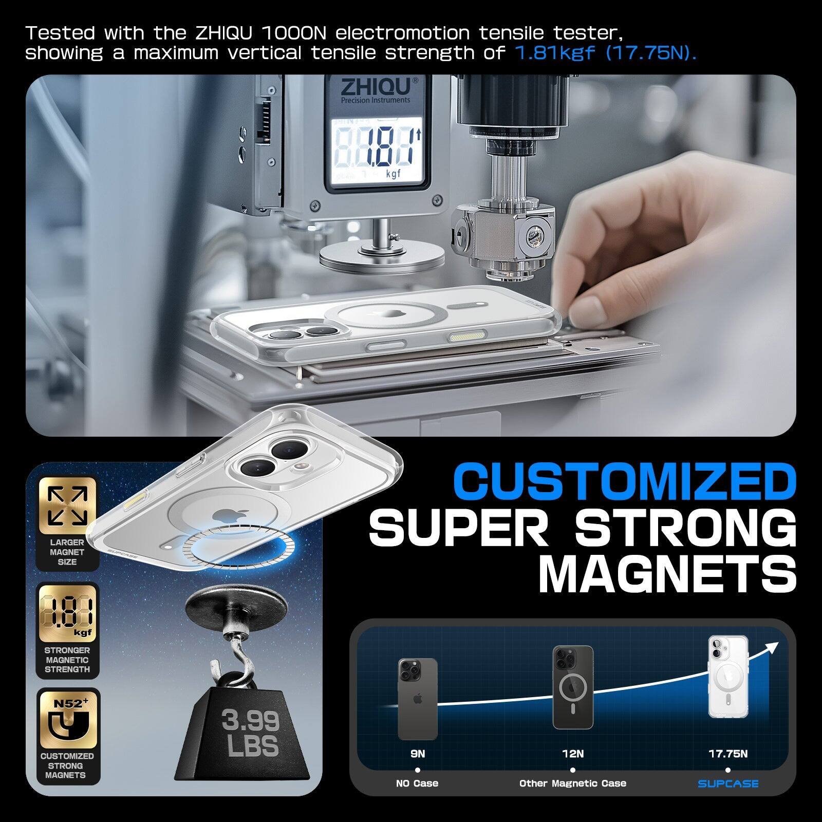 Tested with the ZHIQU 1000ON electromotion tensile tester, showing a maximum vertical tensile strength of 1.81kgf (17.75N).

ZHIQU Precision Instruments

LARGER MAGNET SIZE

STRONGER MAGNETIC STRENGTH

CUSTOMIZED SUPER STRONG MAGNETS

N52+ U

CUSTOMIZED STRONG MAGNETS

3.99 LBS

NO Case 9N

Other Magnetic Case 12N

SUPCASE 17.75N

CUSTOMIZED SUPER STRONG MAGNETS