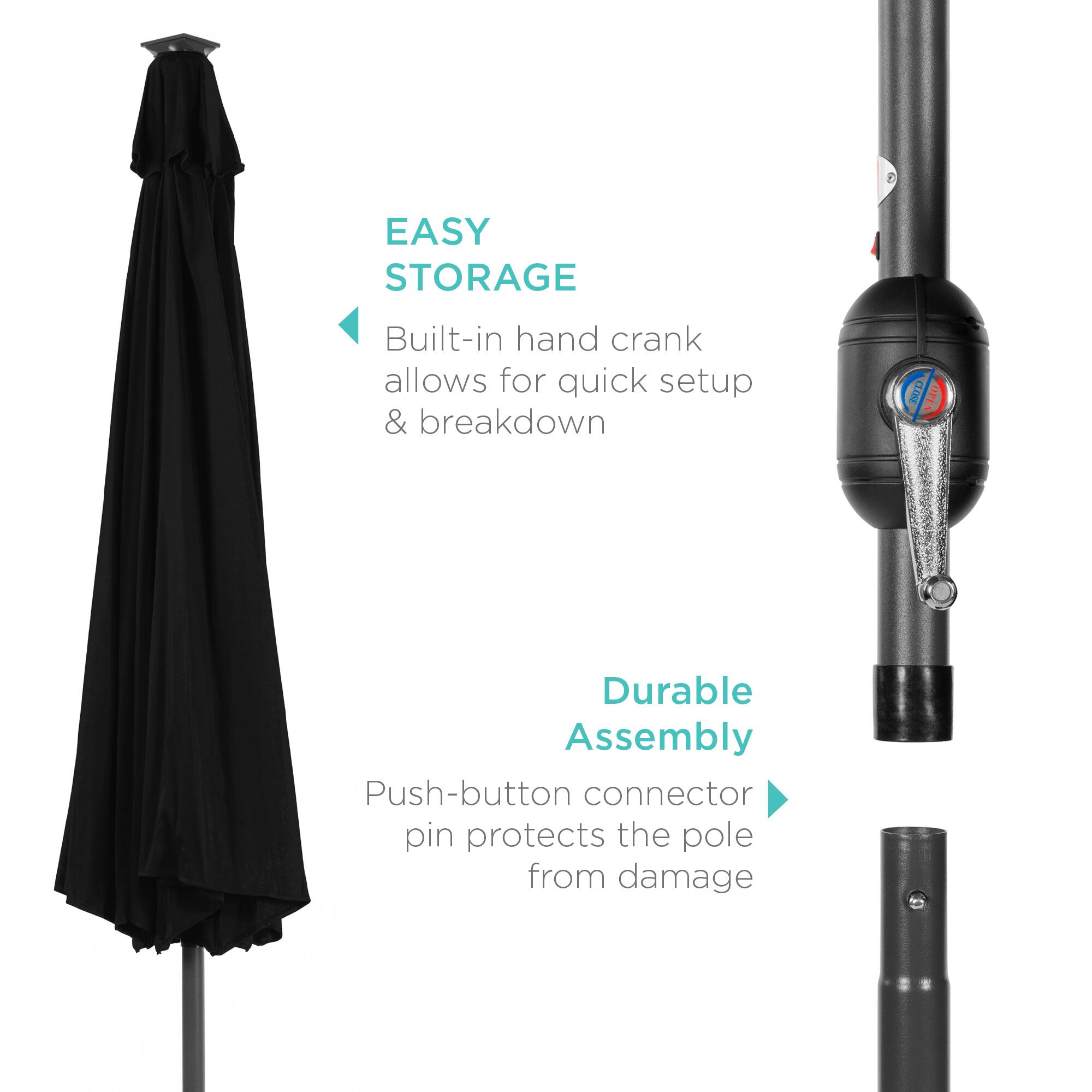 EASY STORAGE: Built-in hand crank allows for quick setup & breakdown.

Durable Assembly: Push-button connector pin protects the pole from damage.