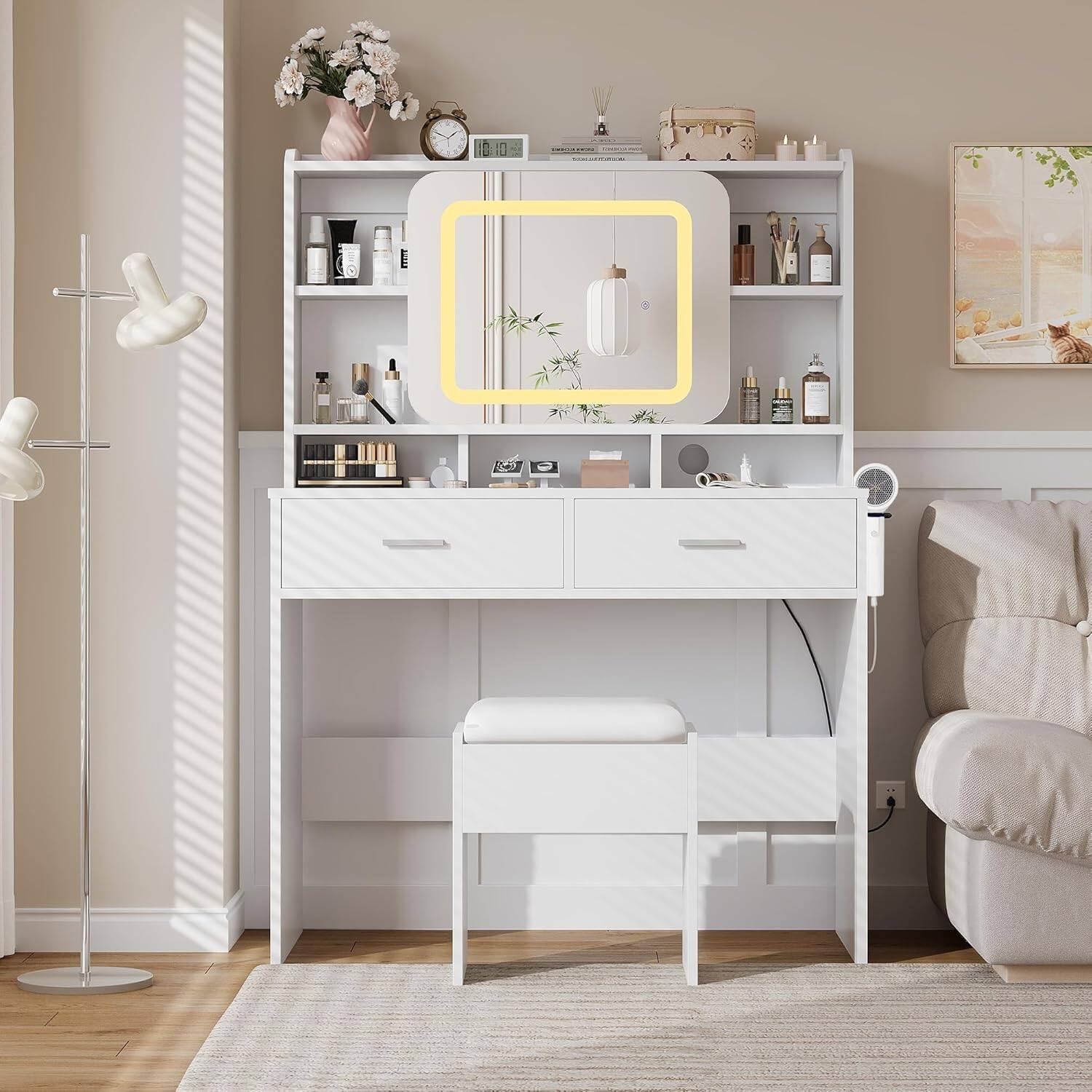 Left. GARVEE - Vanity Sliding Desk and Stool with Mirror and Lights, Makeup Vanity with Charging Station, Drawers, Storage Shelves - WHITE.