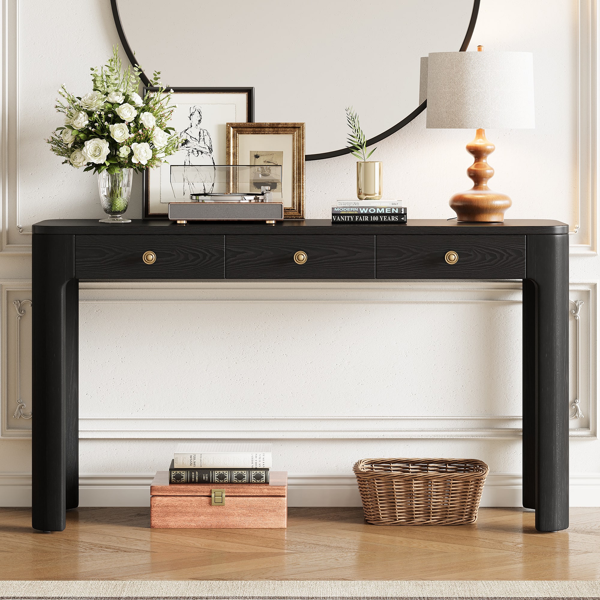 Z-Edge - Console Table with Curved Corners, Entryway Table with 3 Concealed Drawers, Sofa Table with Thick Legs for Living Room - Black