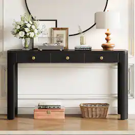 MERAVOM - Console Table with Curved Corners, Entryway Table with 3 Concealed Drawers, Sofa Table with Thick Legs for Living Room - Black