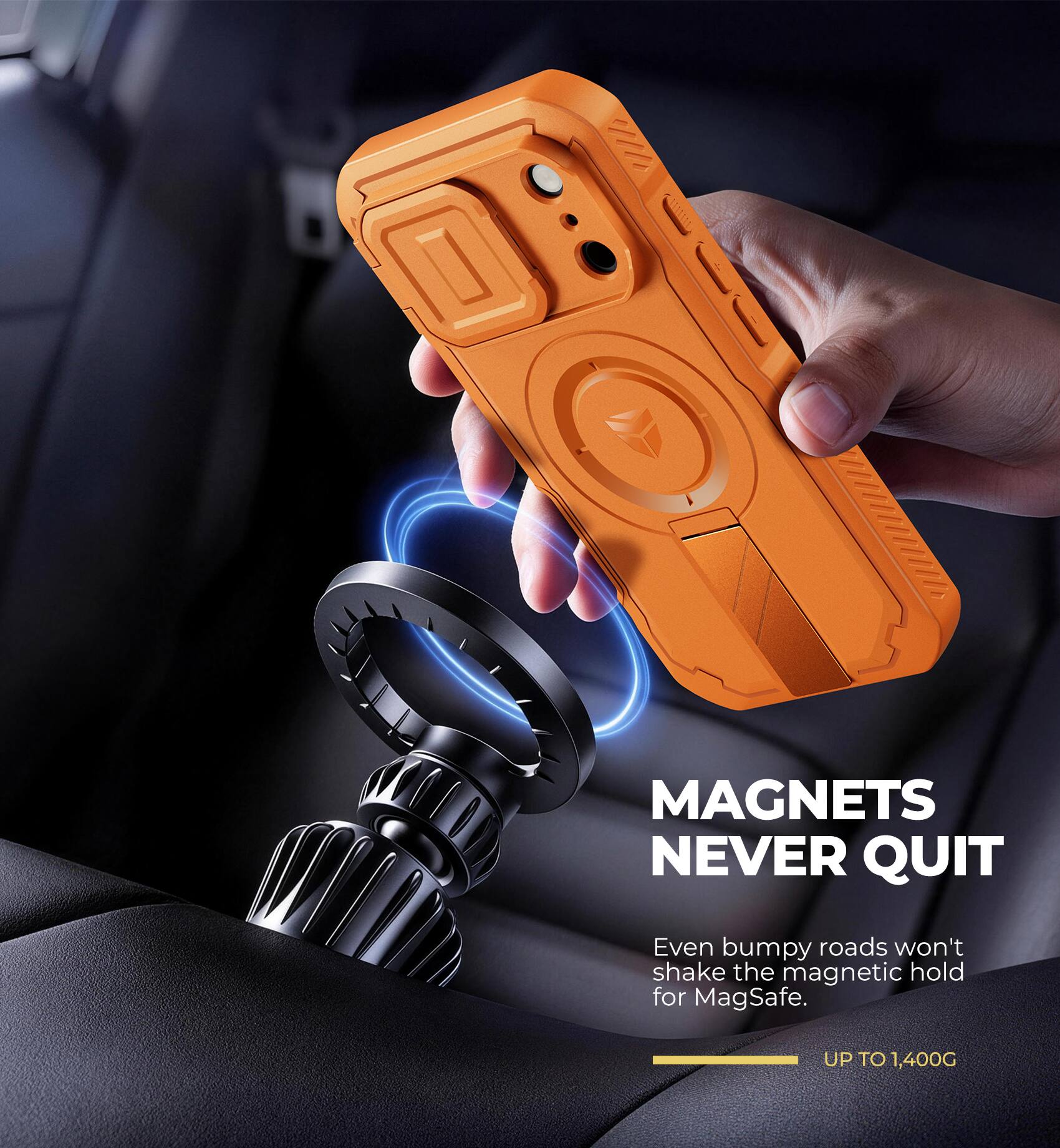 MAGNETS NEVER QUIT

Even bumpy roads won't shake the magnetic hold for MagSafe.

UP TO 1,400G