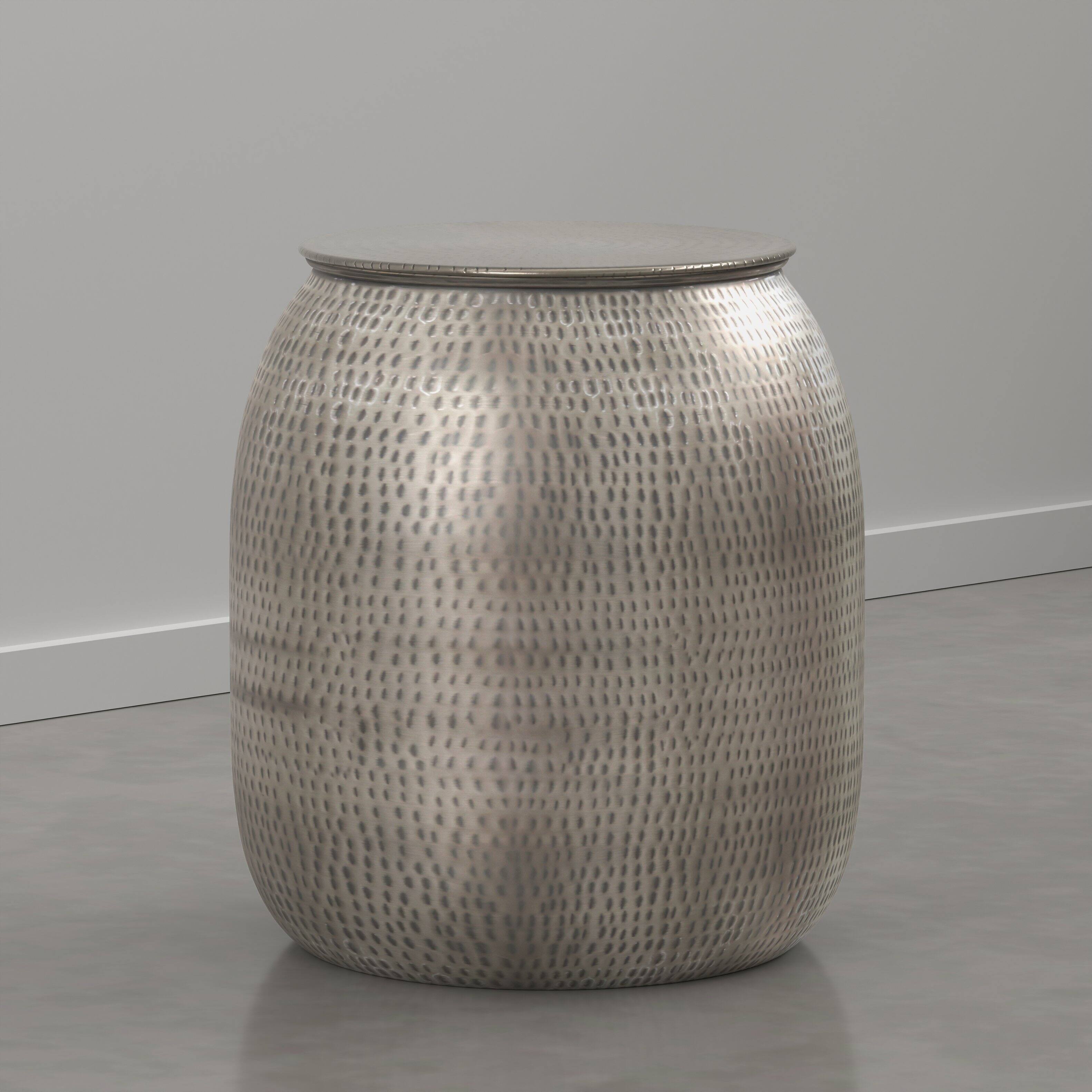 Front. Simpli Home - Griffen 19 inch Wide Hand-Hammered Metal Drum Storage Accent Table, Antique Nickel - Antique Nickel.