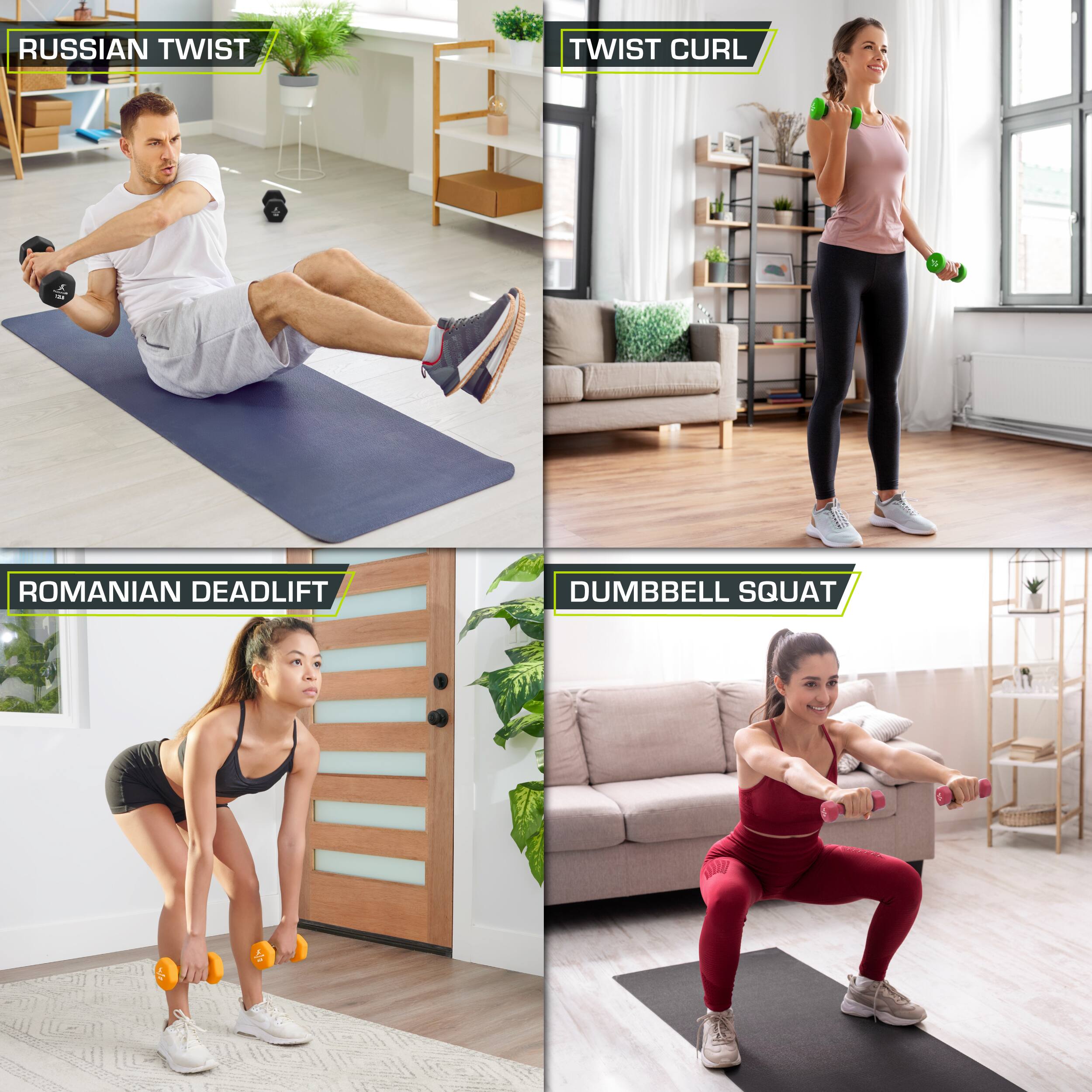 RUSSIAN TWIST, TWIST CURL, ROMANIAN DEADLIFT, DUMBBELL SQUAT