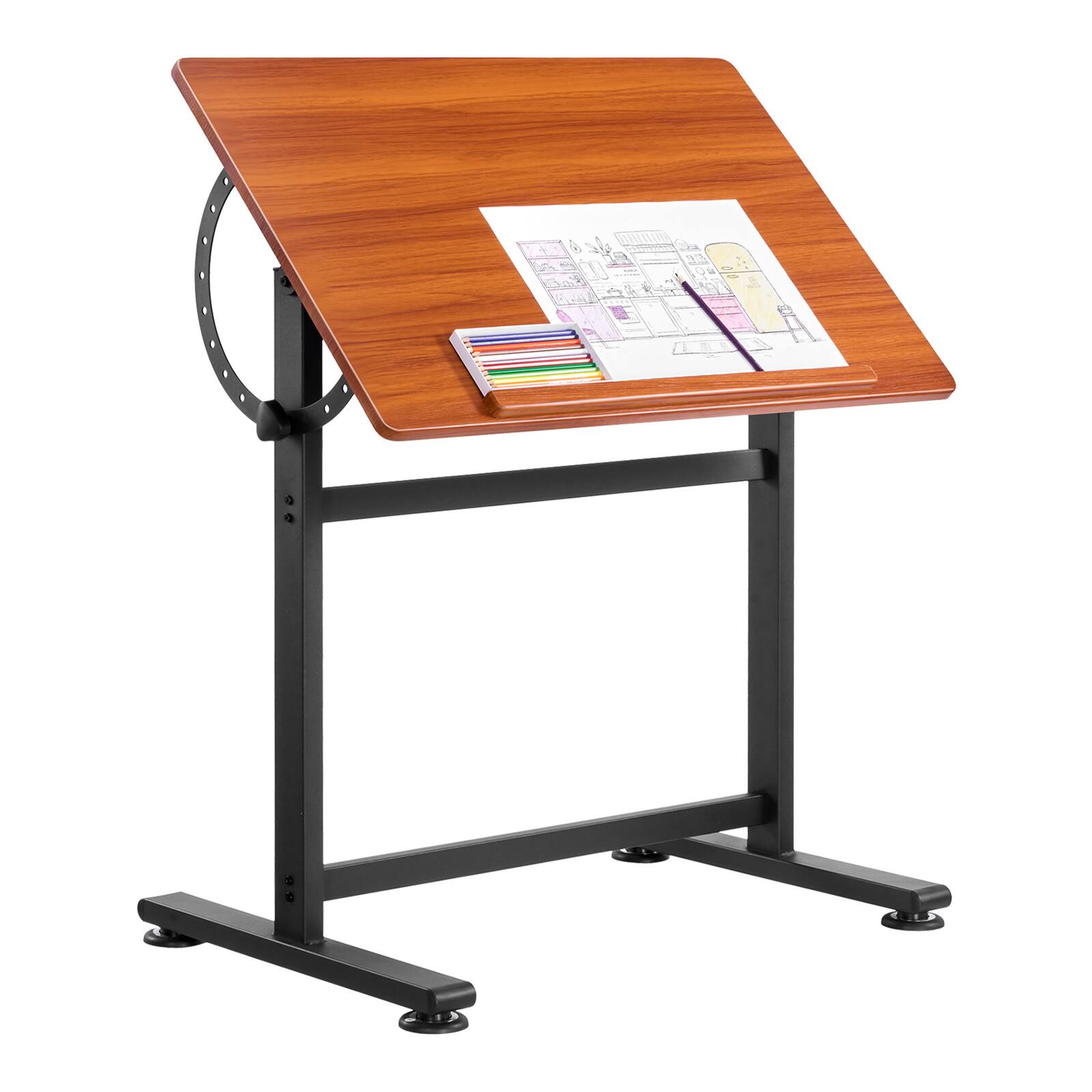 Front. VEVOR - Drafting Table, Adjustable 0°–90° Tilt Drawing Desk, Portable Artist Table with Black H-Frame and Brown Desktop - Black.