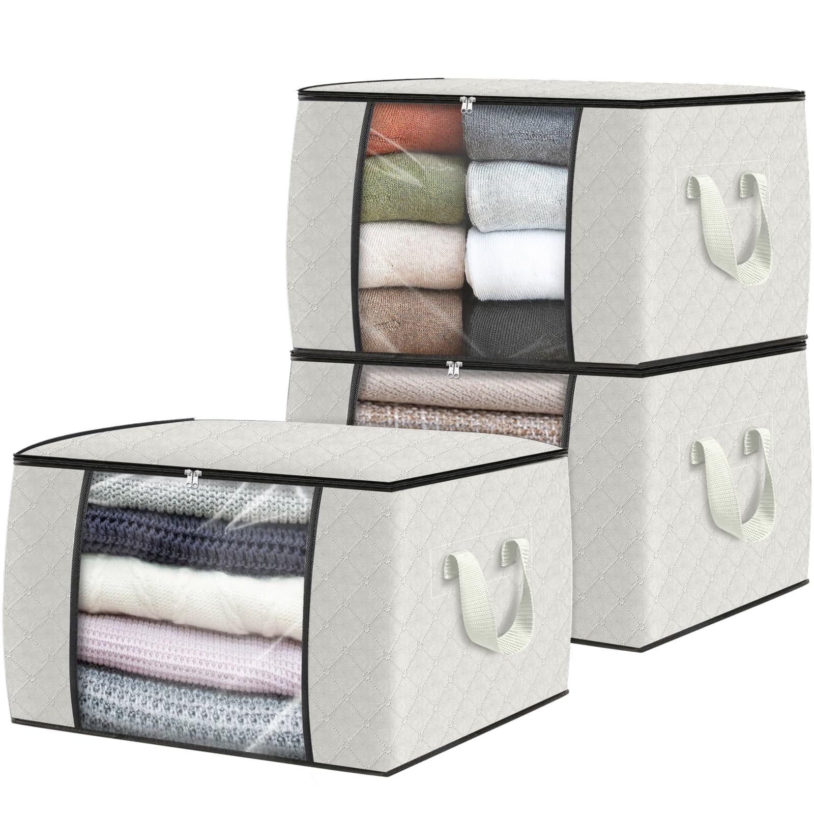 Dazzling Pops - Fab totes Storage Bags,Clothes Blanket Storage Bins Foldable Closet Organizers with Reinforced Handle for H - Ivory 3 Pack-Standard