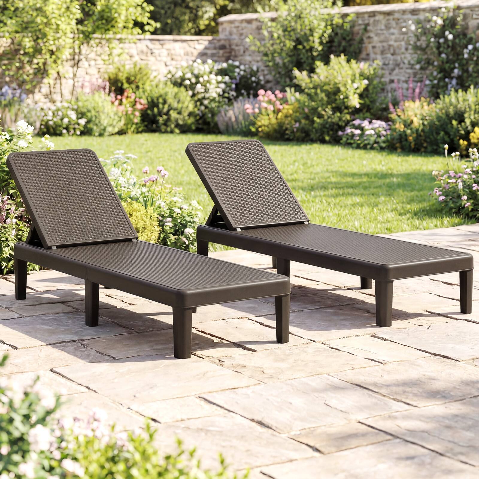 Alt View 3. Costway - Costway 2 PCS Outdoor Chaise Lounger Chair 4-Position Reclining Chair with Waterproof Rattan - Brown.