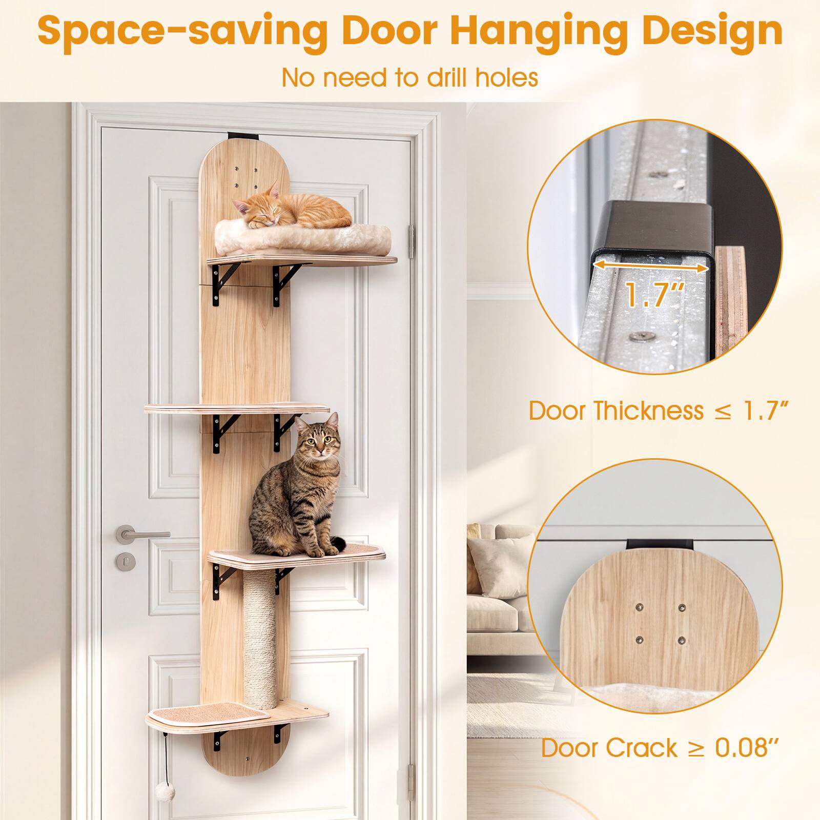 Space-saving Door Hanging Design  
No need to drill holes  

Door Thickness ≤ 1.7"  
Door Crack ≥ 0.08"