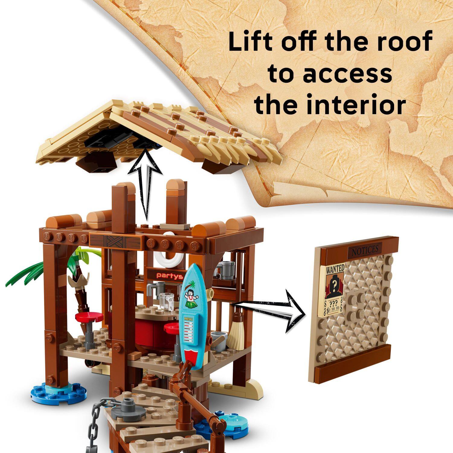 Lift off the roof to access the interior

1. partys
2. NOTICES
3. WANTED
4. ???
5. S