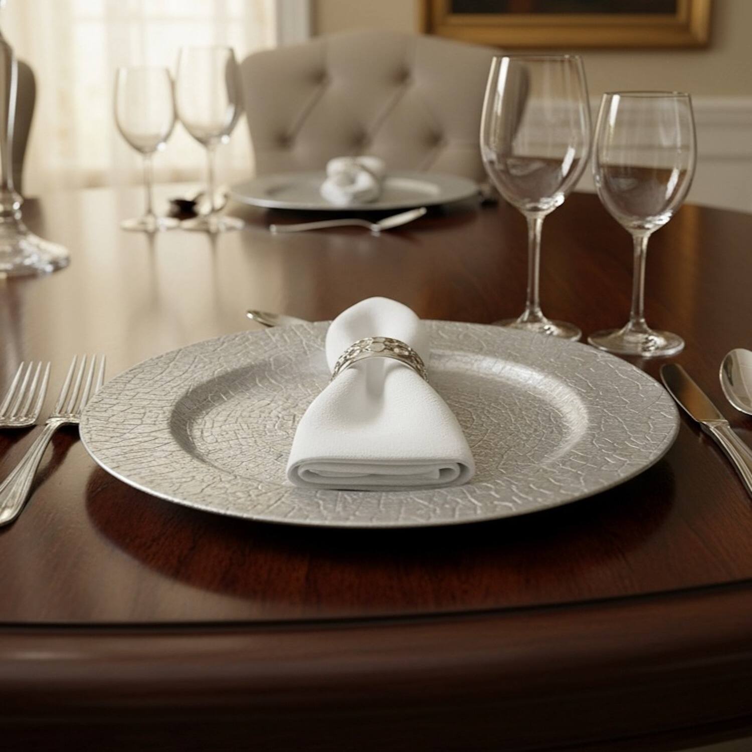 Left. American Atelier - Rhiannon Silver Plated Set of 4 Charger Plates 13"D - Silver.