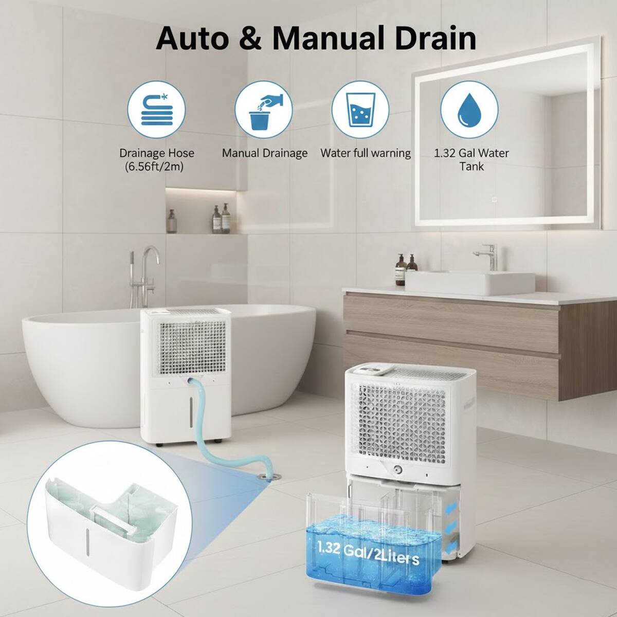 Auto & Manual Drain

- Drainage Hose (6.56ft/2m)
- Manual Drainage
- Water full warning
- 1.32 Gal Water Tank
- 1.32 Gal/2Liters
