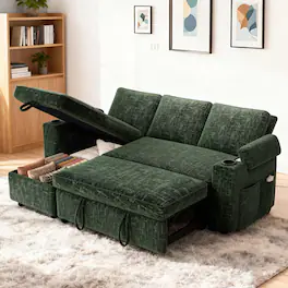 Dyonery - 81" Sleeper Sofa Bed with Pull Out Bed, Sectional L-Shaped Sleeper Sofa with Reversible Storage Chaise - Green