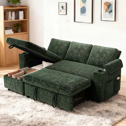 Front. Dyonery - Dyonery 81" Sleeper Sofa Bed with Pull Out Bed, Sectional L-Shaped Sleeper Sofa with Reversible Storage Chaise - Green.