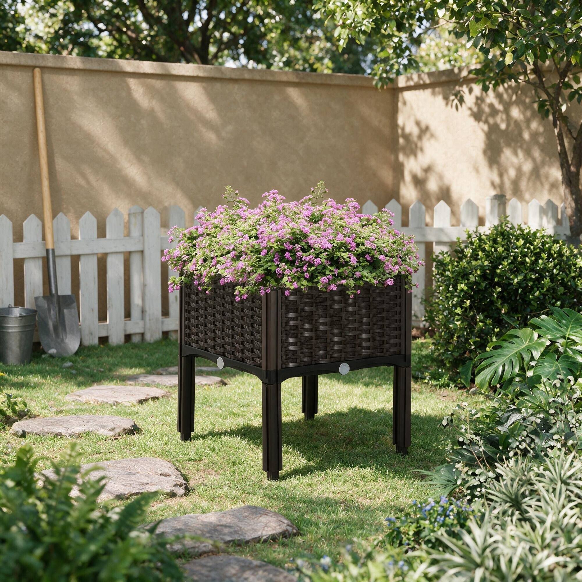Alt View 2. RYHNUYNE - Outsunny Raised Garden Bed with Legs, Self-Watering Planter Box, Polypropylene Rattan Planter for Flowers Herbs - Brown.