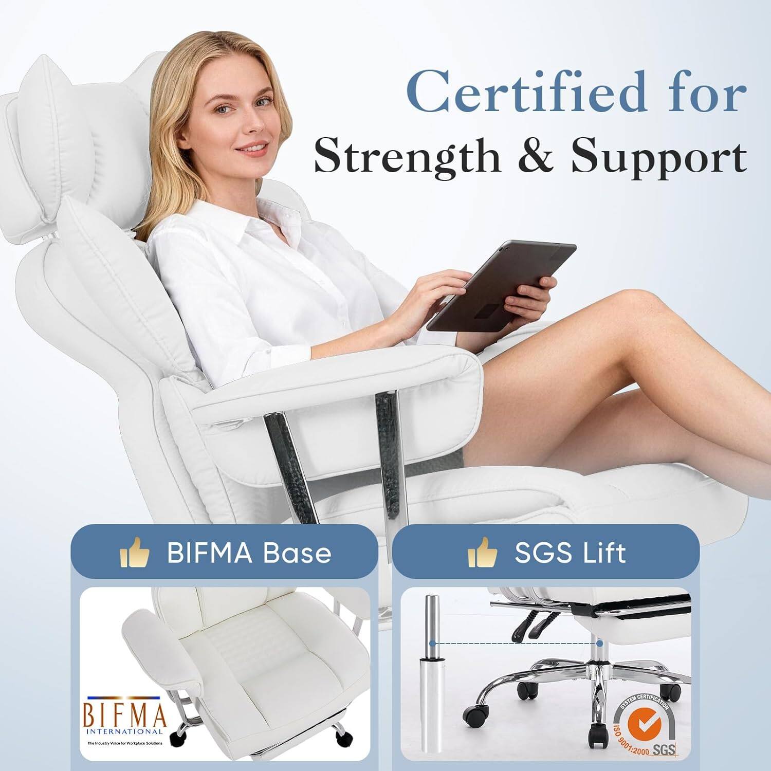 Certified for Strength & Support

BIFMA Base

SGS Lift

BIFMA INTERNATIONAL

ISO 9001:2000 SGS